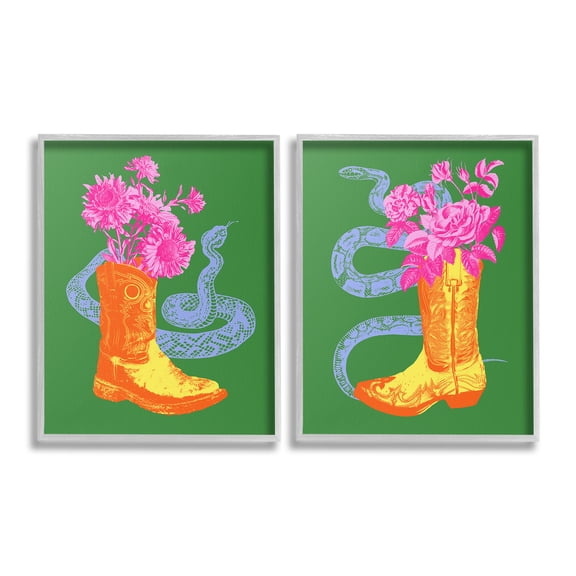 Stupell Industries Cowgirl Bouquets & Snakes Botanical & Floral Painting Gray Framed Art Print Wall Art, 16 x 20, Set of 2