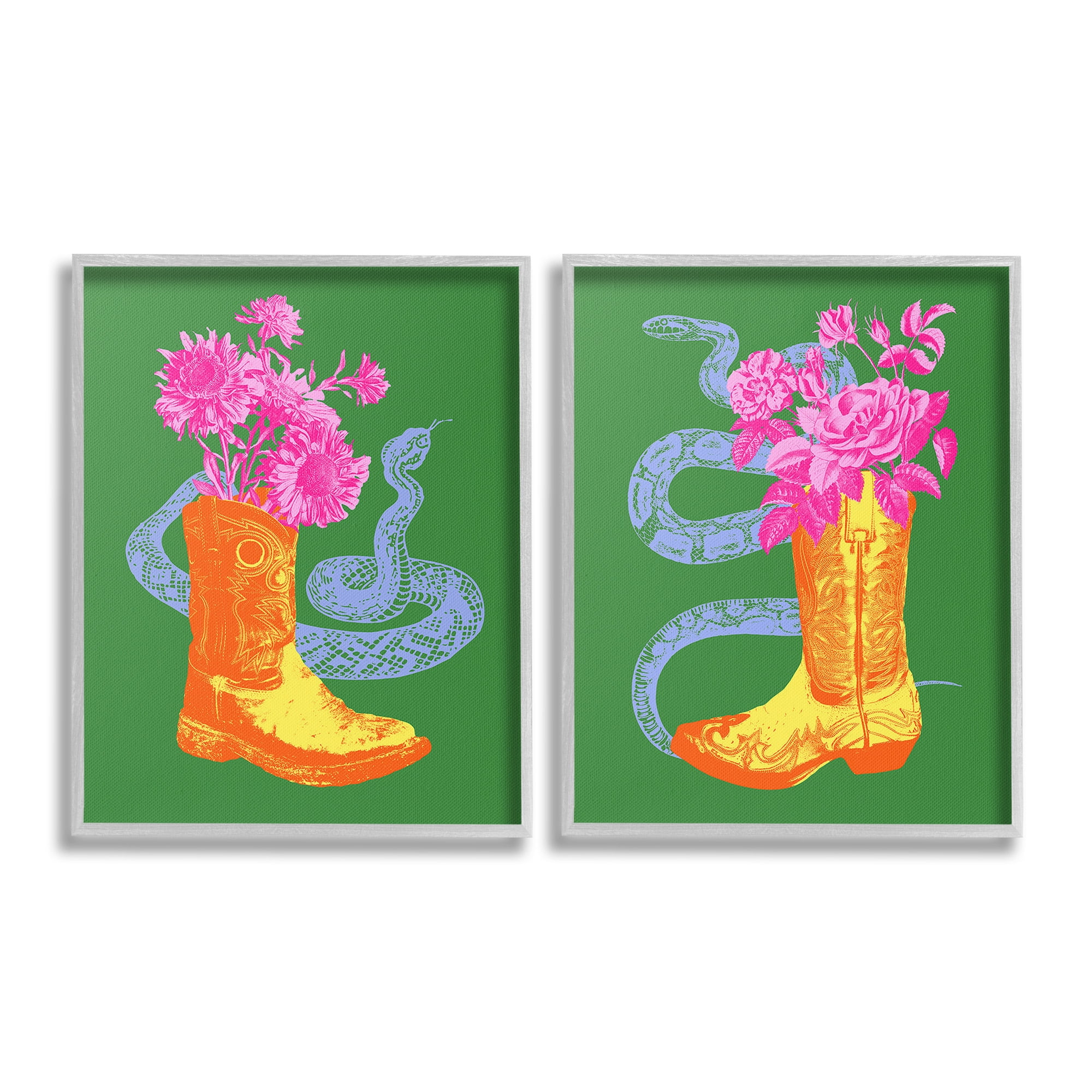 Stupell Industries Cowgirl Bouquets & Snakes Botanical & Floral Painting Gray Framed Art Print Wall Art, 24 x 30, Set of 2