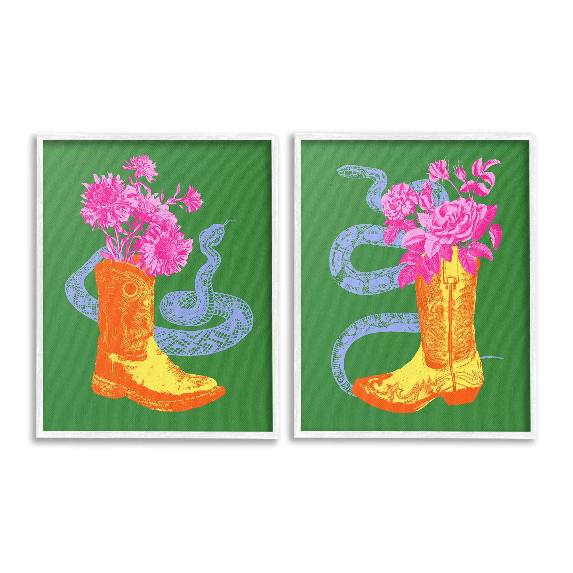 Stupell Industries Cowgirl Bouquets & Snakes Botanical & Floral Painting White Framed Art Print Wall Art, 16 x 20, Set of 2