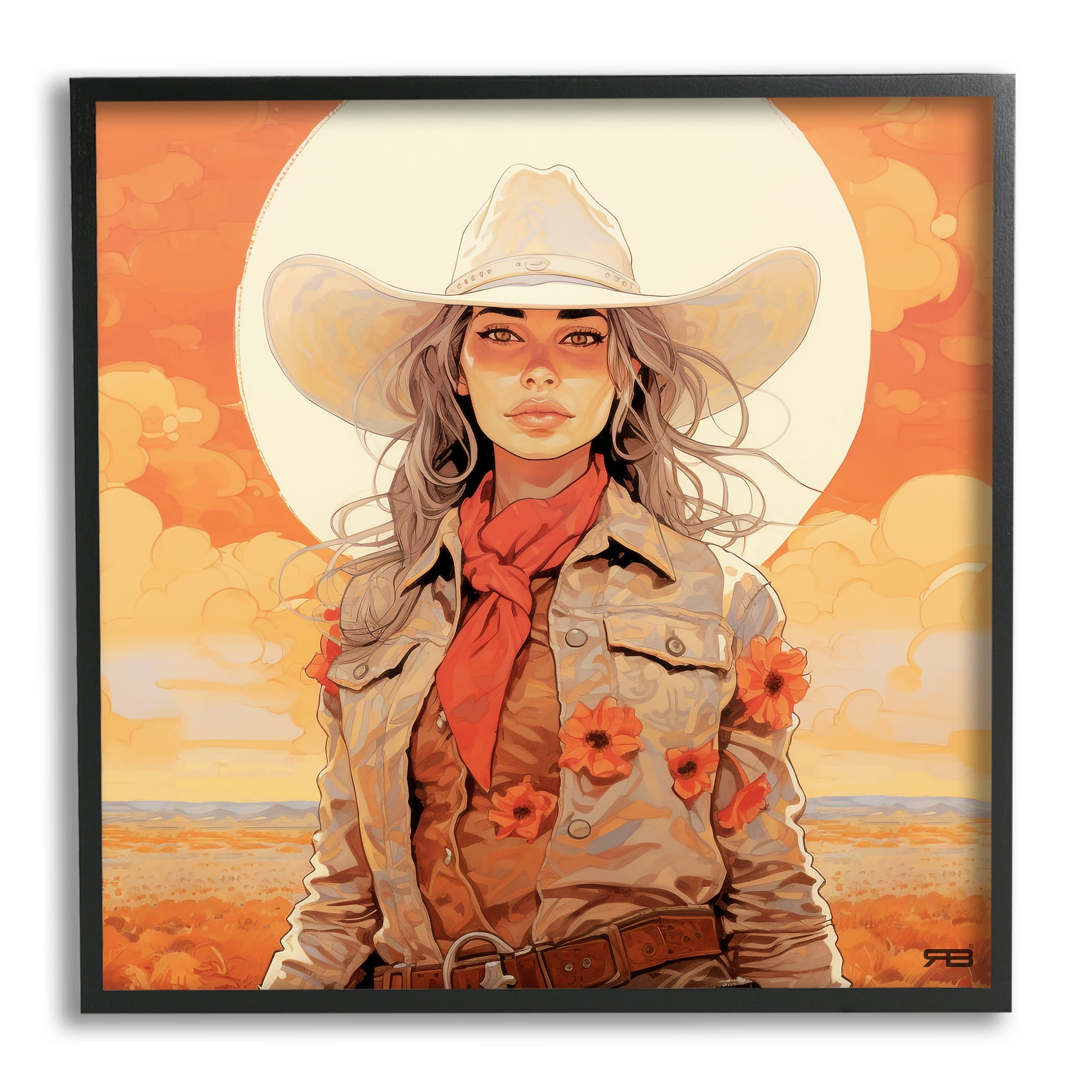 Stupell Industries Cowgirl Desert Moon & Clouds Landscape Painting Black Framed Art Print Wall Art, 17 x 17