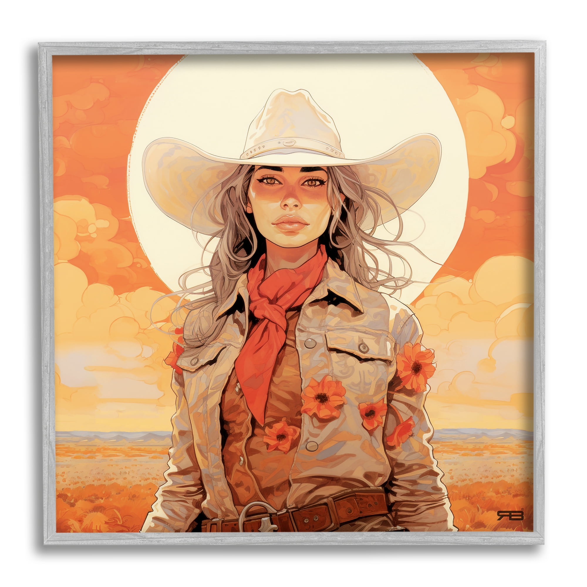 Stupell Industries Cowgirl Desert Moon & Clouds Landscape Painting Gray Framed Art Print Wall Art, 12 x 12