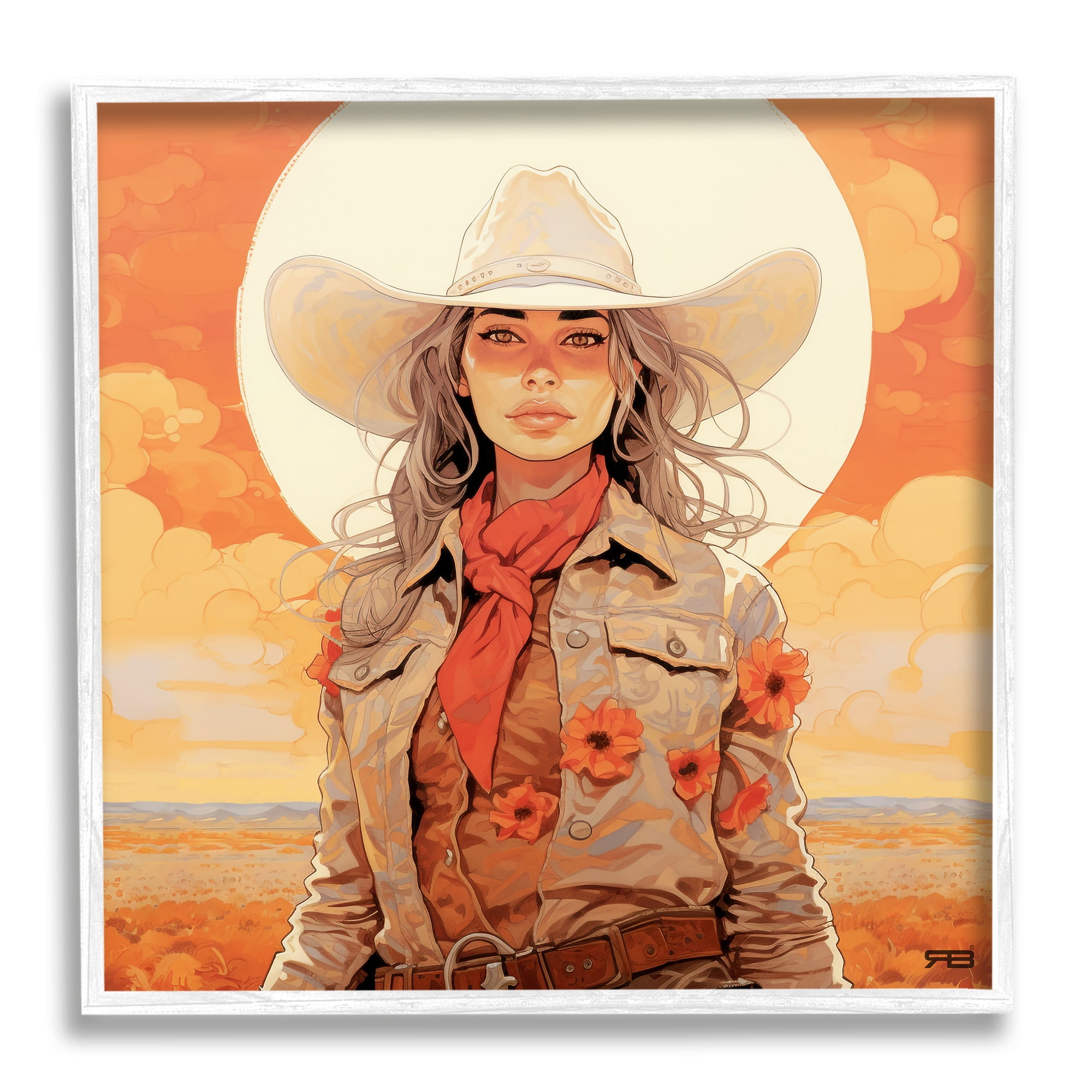 Stupell Industries Cowgirl Desert Moon & Clouds Landscape Painting White Framed Art Print Wall Art, 17 x 17