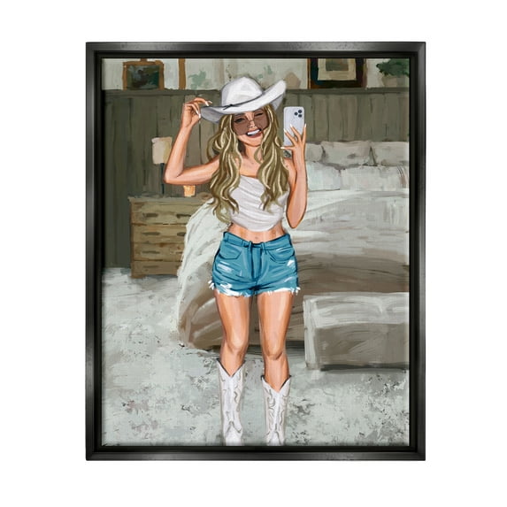 Stupell Industries Cowgirl Glam Selfie Beauty & Fashion Painting Black Floater Framed Canvas Art Print Wall Art, 17 x 21