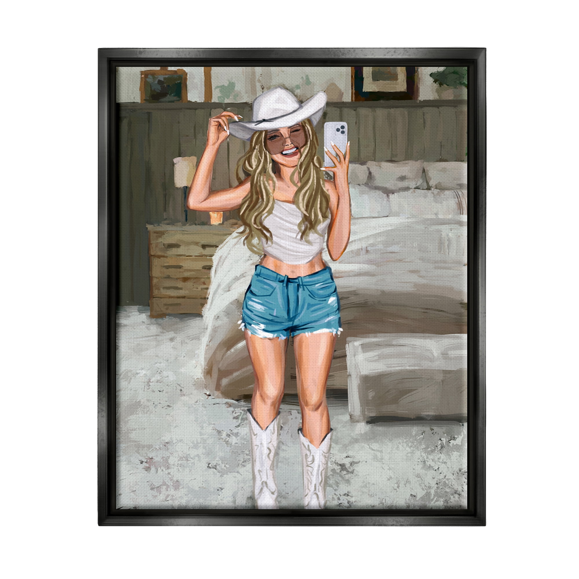 Stupell Industries Cowgirl Glam Selfie Beauty & Fashion Painting Black Floater Framed Canvas Art Print Wall Art, 25 x 31