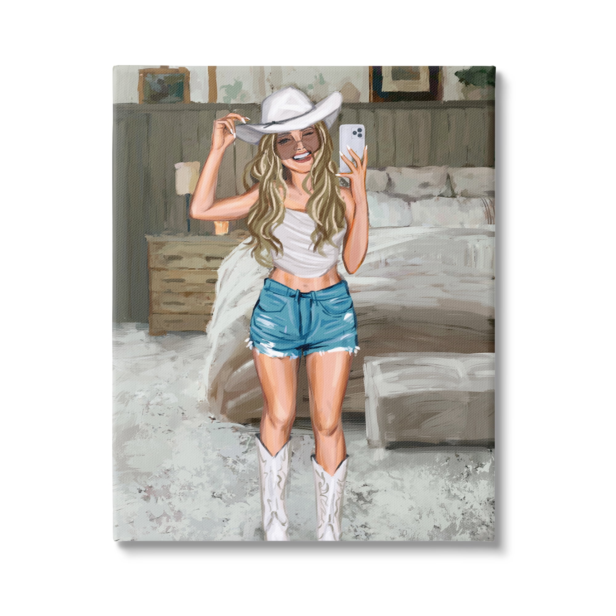 Stupell Industries Cowgirl Glam Selfie Beauty & Fashion Painting Gallery Wrapped Canvas Art Print Wall Art, 36 x 48