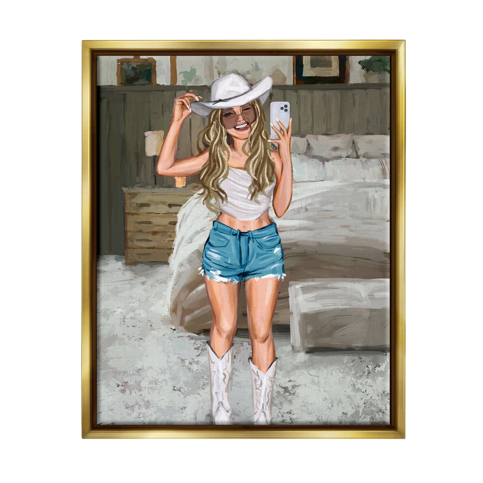 Stupell Industries Cowgirl Glam Selfie Beauty & Fashion Painting Gold Floater Framed Canvas Art Print Wall Art, 25 x 31