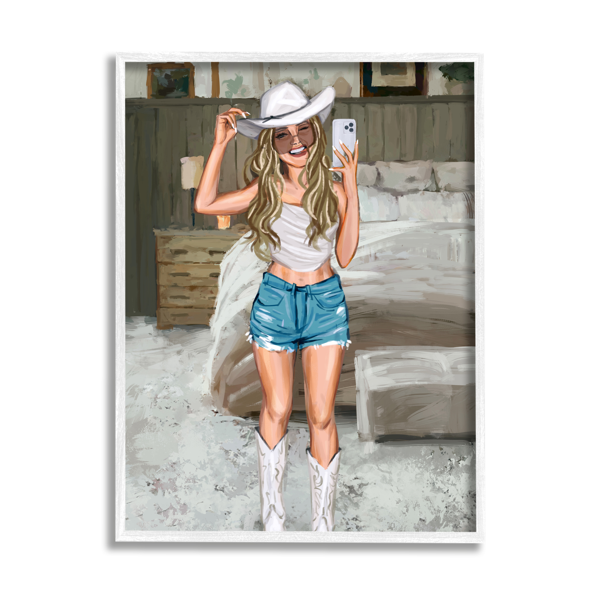 Stupell Industries Cowgirl Glam Selfie Beauty & Fashion Painting White Framed Art Print Wall Art, 16 x 20