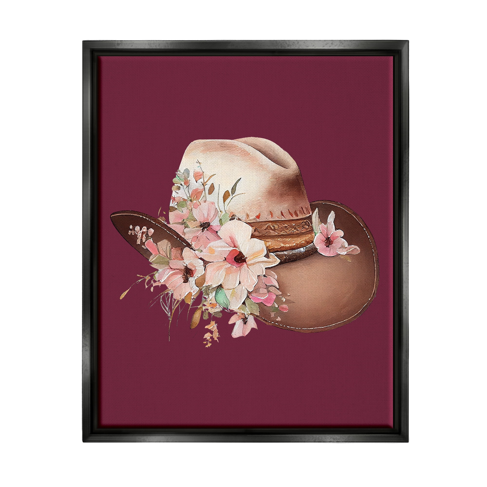Stupell Industries Cowgirl Hat on Burgundy Botanical & Floral Painting Black Floater Framed Canvas Art Print Wall Art, 25 x 31