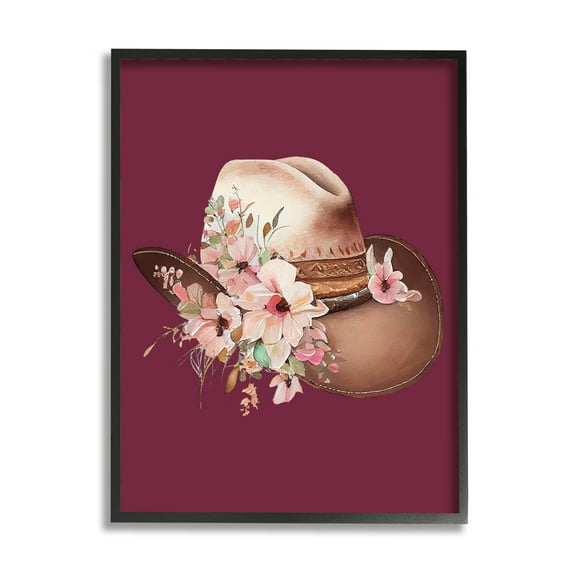 Stupell Industries Cowgirl Hat on Burgundy Botanical & Floral Painting Black Framed Art Print Wall Art, 11 x 14