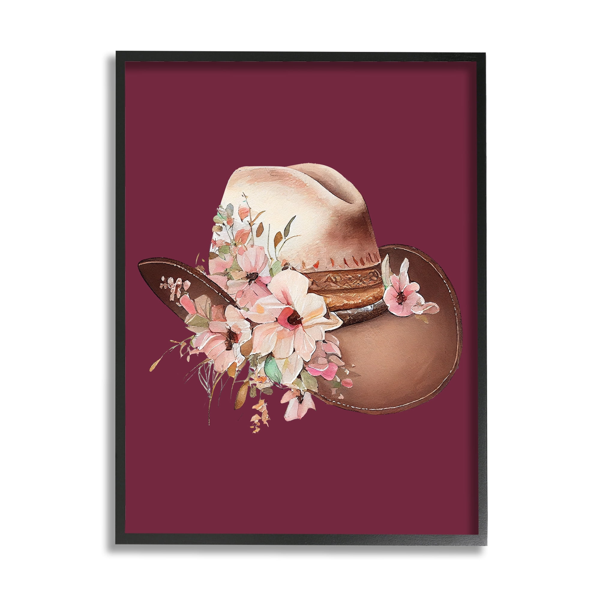 Stupell Industries Cowgirl Hat on Burgundy Botanical & Floral Painting Black Framed Art Print Wall Art, 16 x 20