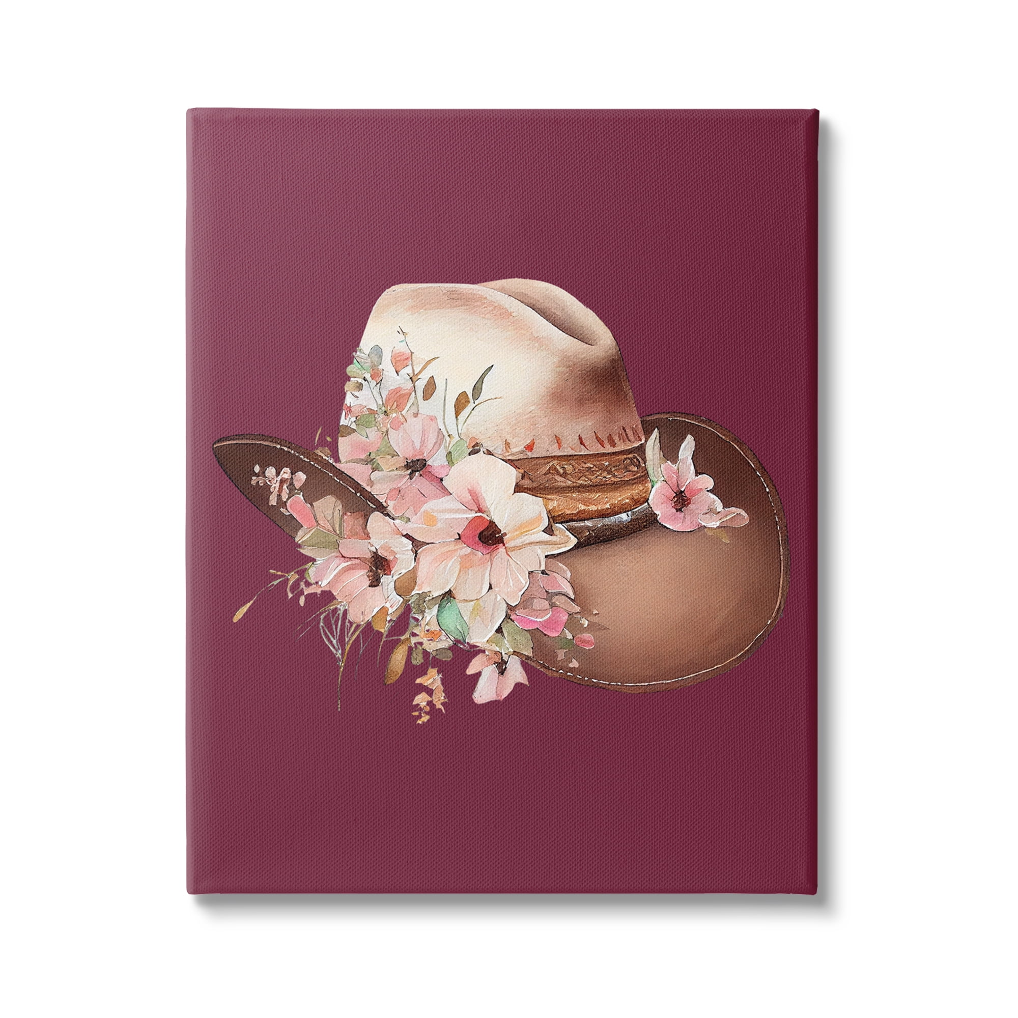 Stupell Industries Cowgirl Hat on Burgundy Botanical & Floral Painting Gallery Wrapped Canvas Art Print Wall Art, 36 x 48