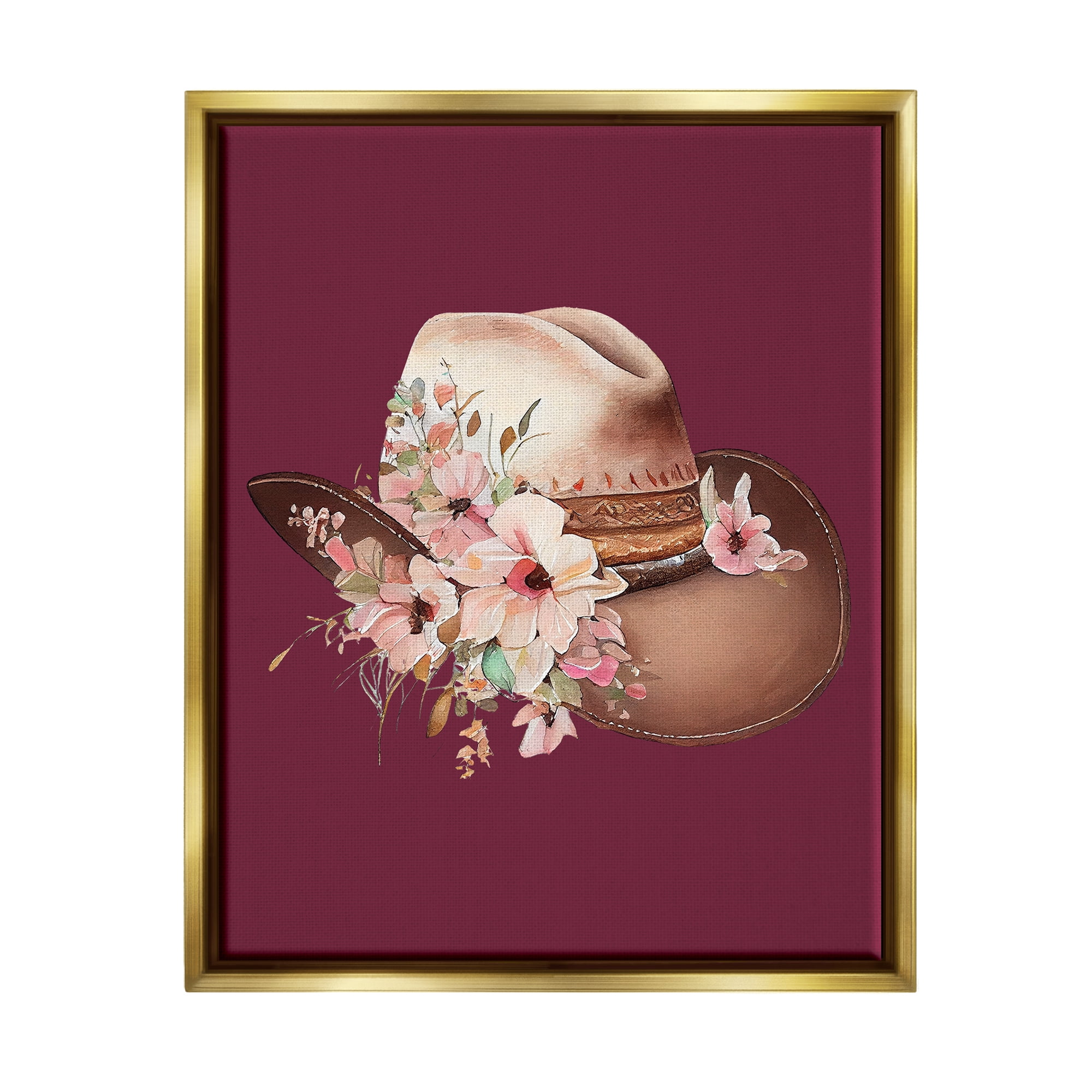Stupell Industries Cowgirl Hat on Burgundy Botanical & Floral Painting Gold Floater Framed Canvas Art Print Wall Art, 25 x 31