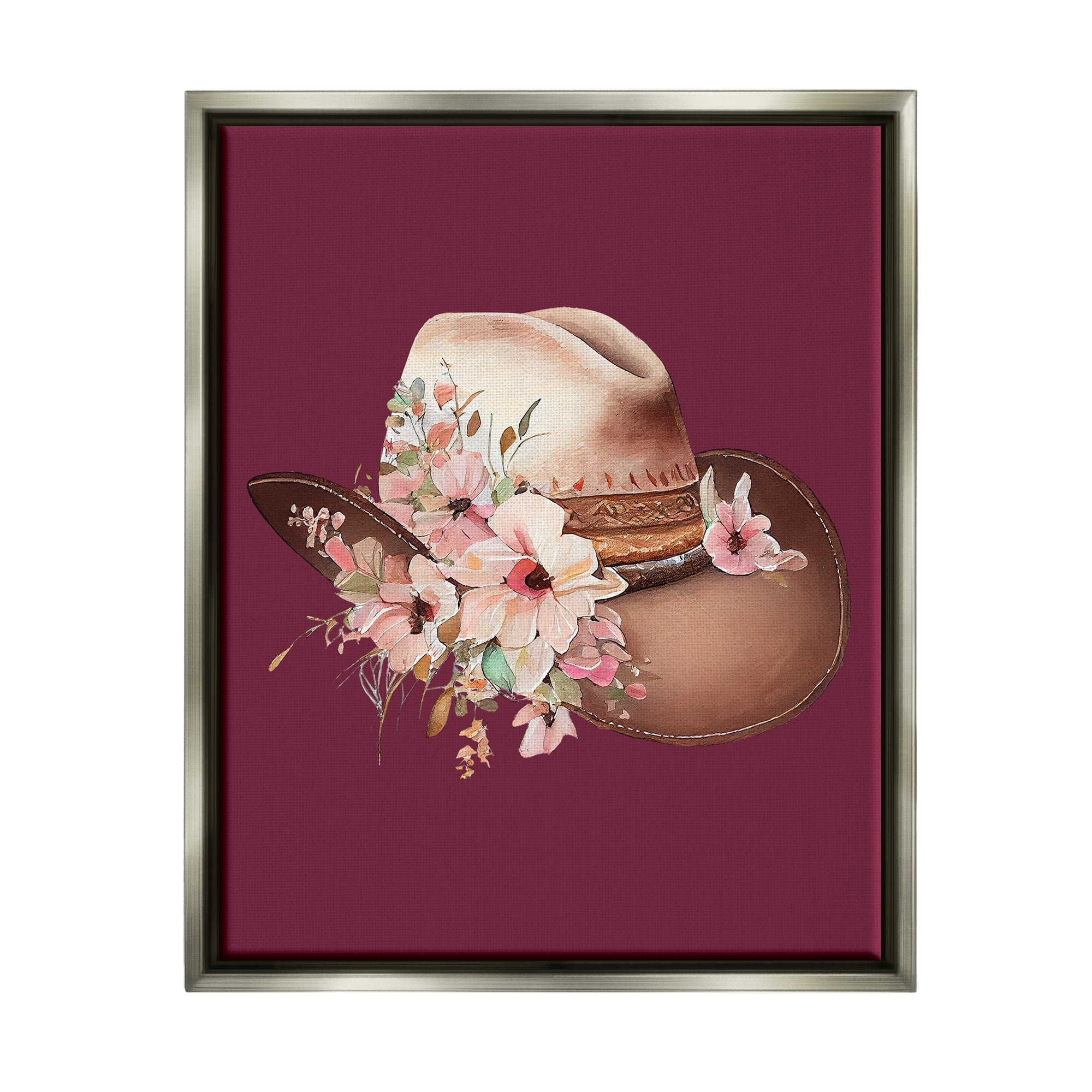 Stupell Industries Cowgirl Hat on Burgundy Botanical & Floral Painting Gray Floater Framed Canvas Art Print Wall Art, 17 x 21