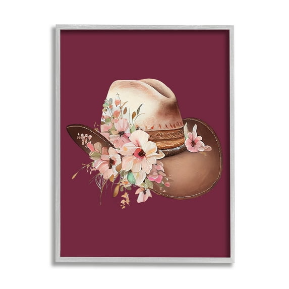 Stupell Industries Cowgirl Hat on Burgundy Botanical & Floral Painting Gray Framed Art Print Wall Art, 11 x 14