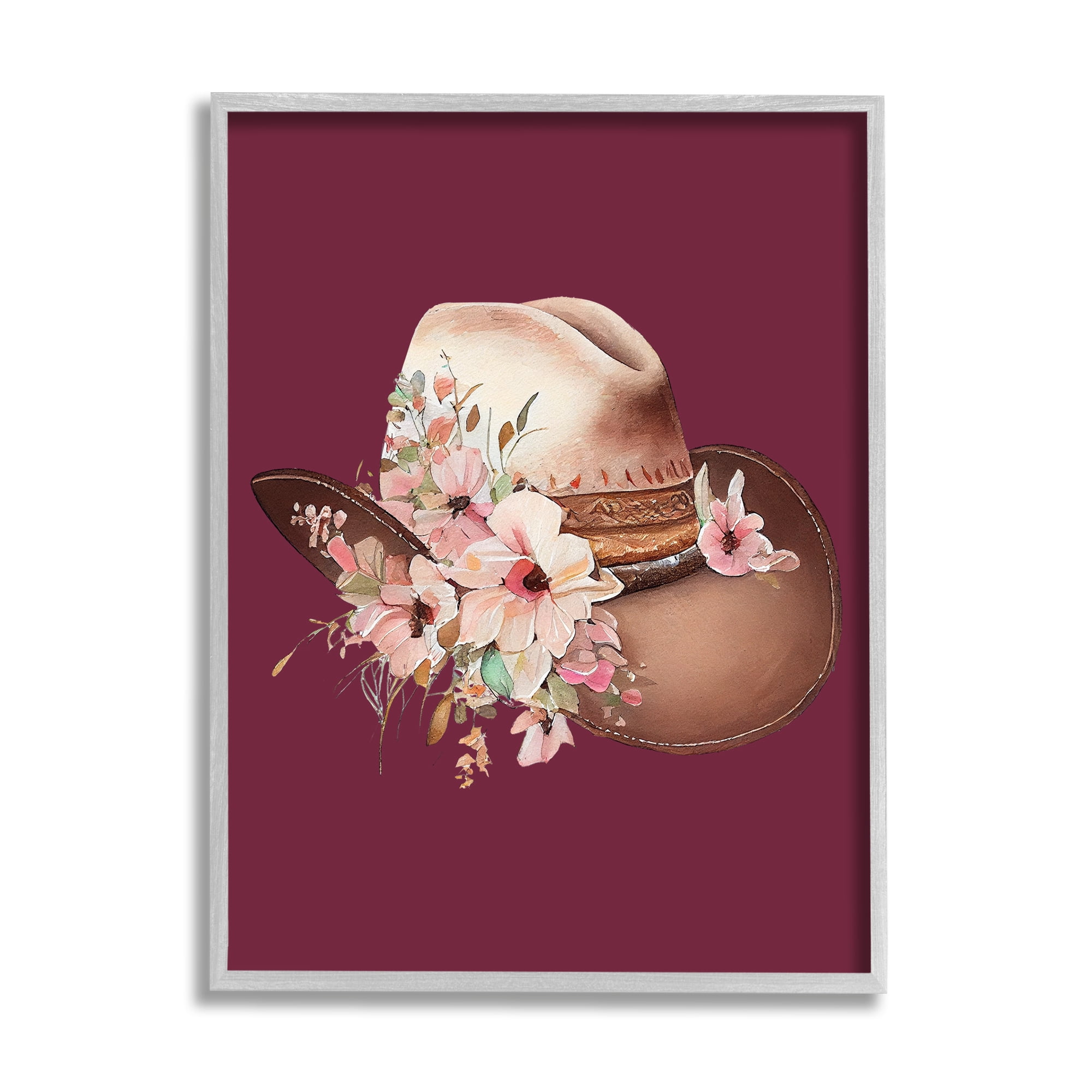 Stupell Industries Cowgirl Hat on Burgundy Botanical & Floral Painting Gray Framed Art Print Wall Art, 24 x 30