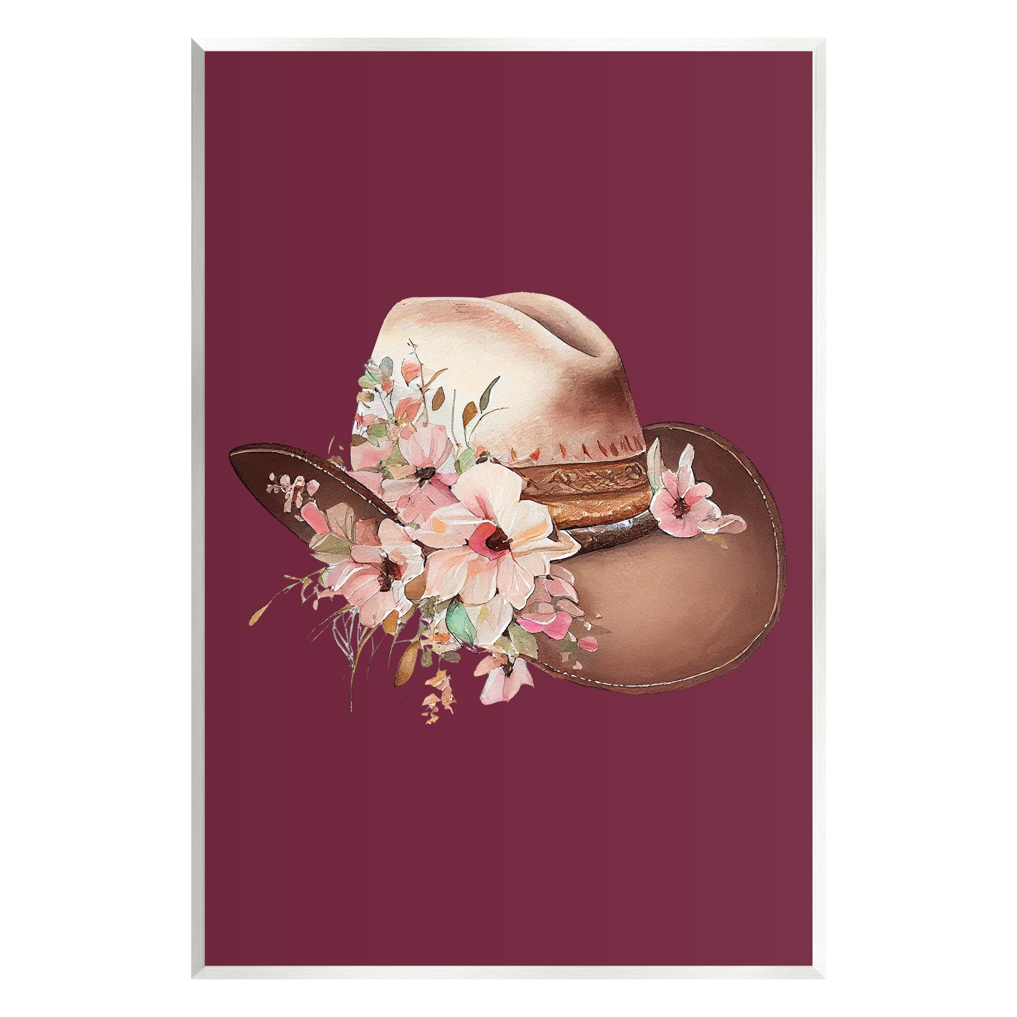 Stupell Industries Cowgirl Hat on Burgundy Botanical & Floral Painting Unframed Art Print Wall Art, 10 x 15
