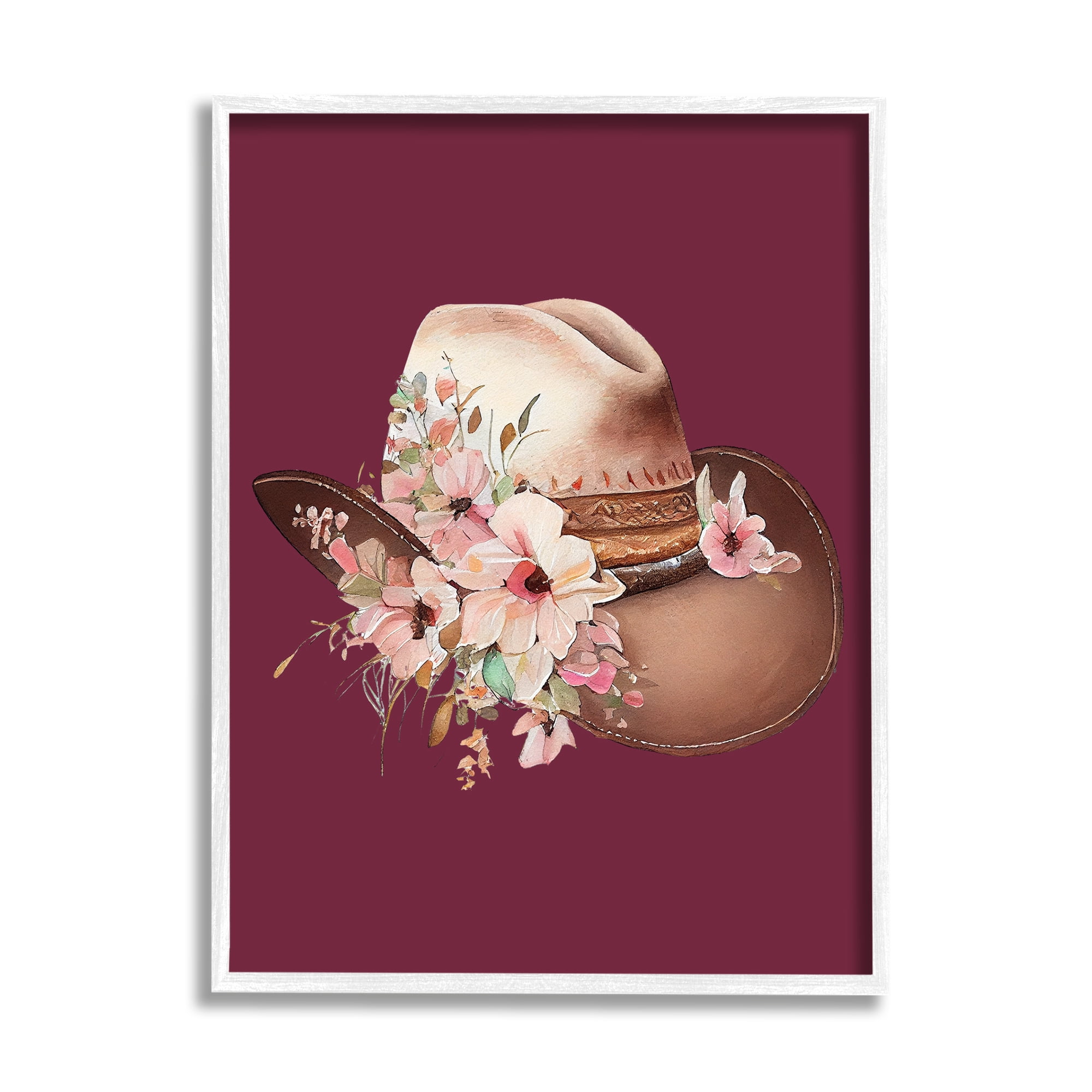 Stupell Industries Cowgirl Hat on Burgundy Botanical & Floral Painting White Framed Art Print Wall Art, 16 x 20