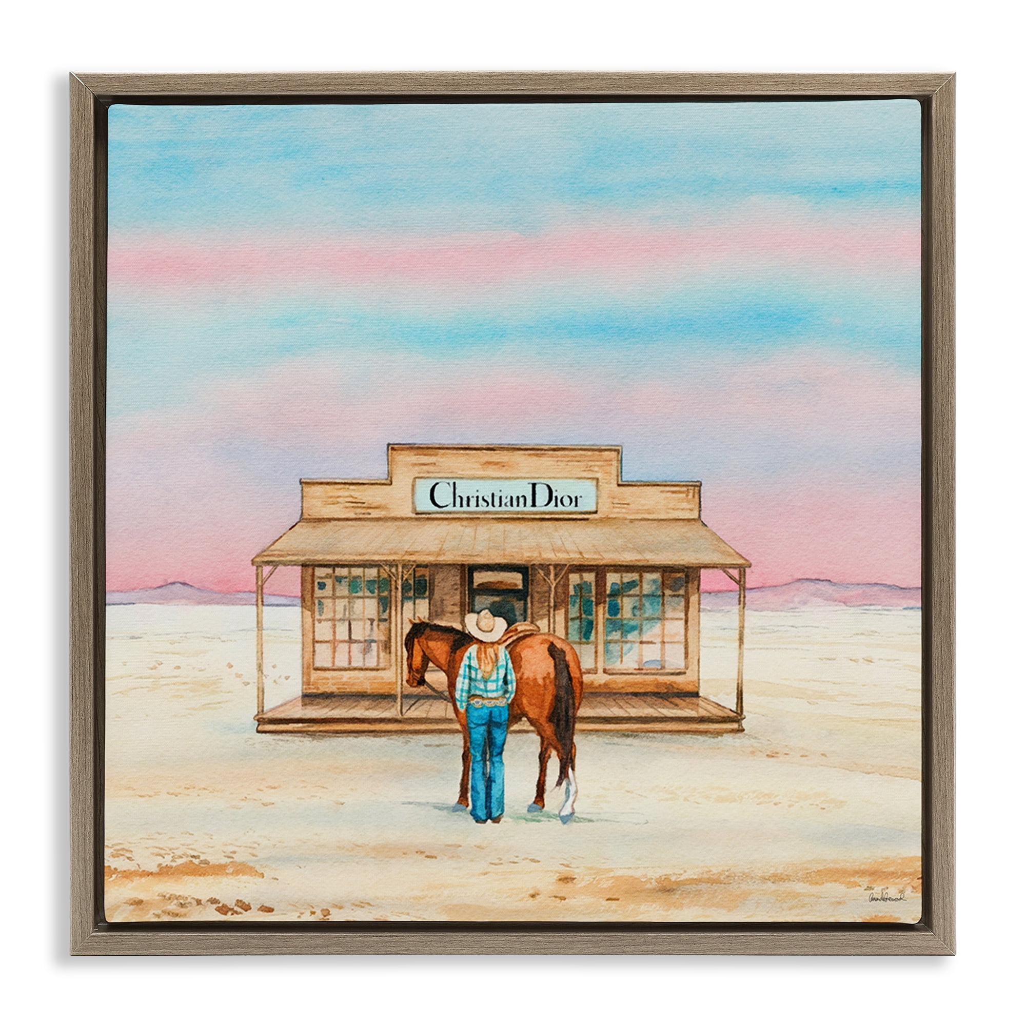 Stupell Industries Cowgirl & Horse Shopping Fashion Painting Brown Floater Framed Canvas Art Print Wall Art, 18 x 18