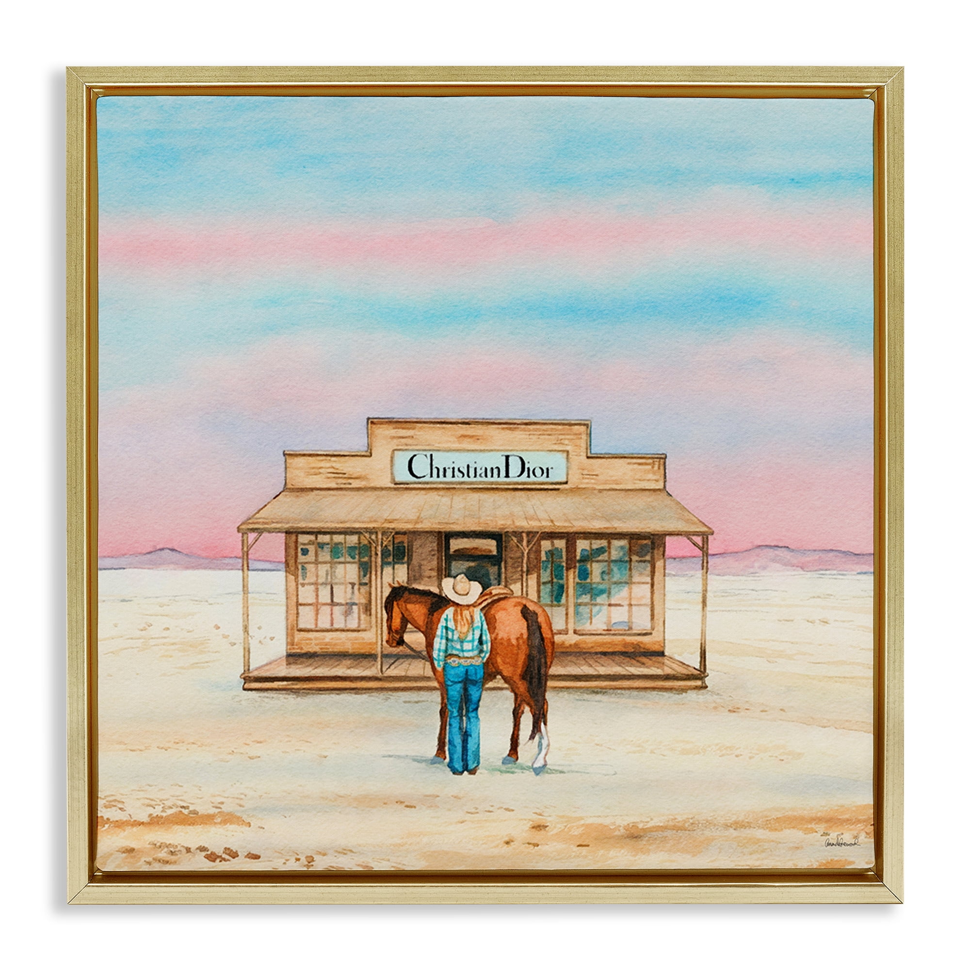 Stupell Industries Cowgirl & Horse Shopping Fashion Painting Gold Floater Framed Canvas Art Print Wall Art, 25 x 25