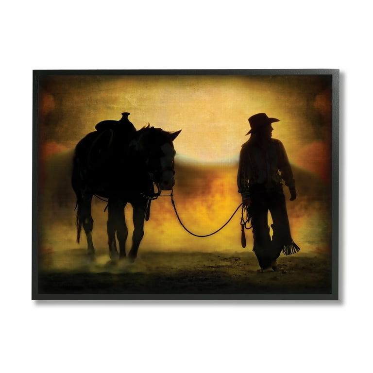 Stupell Industries Cowgirl & Horse Silhouette Animals & Insects Photography  Black Framed Art Print Wall Art, 14 x 11