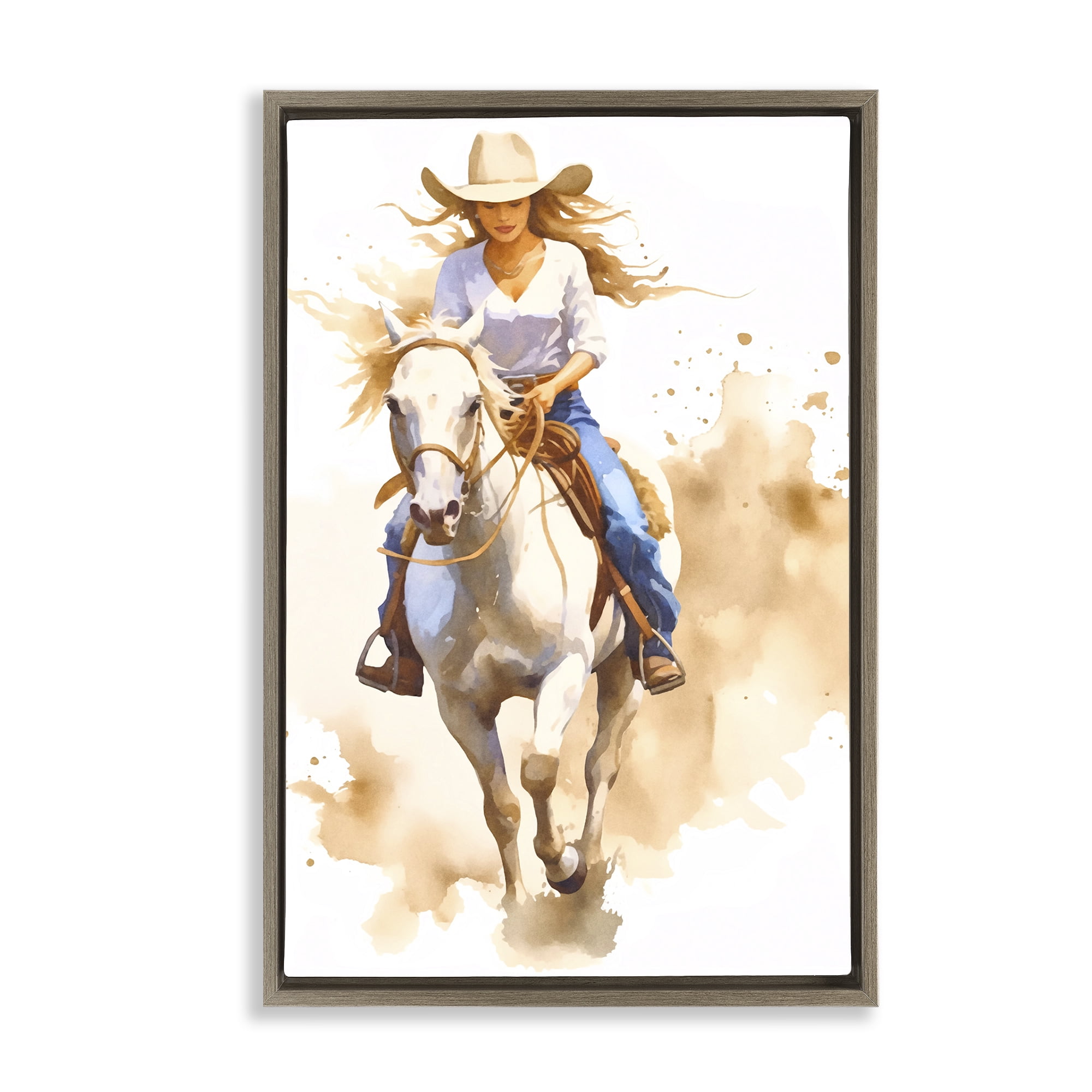 Stupell Industries Cowgirl Jockey Charm People Painting Brown Floater Framed Canvas Art Print Wall Art, 21 x 31