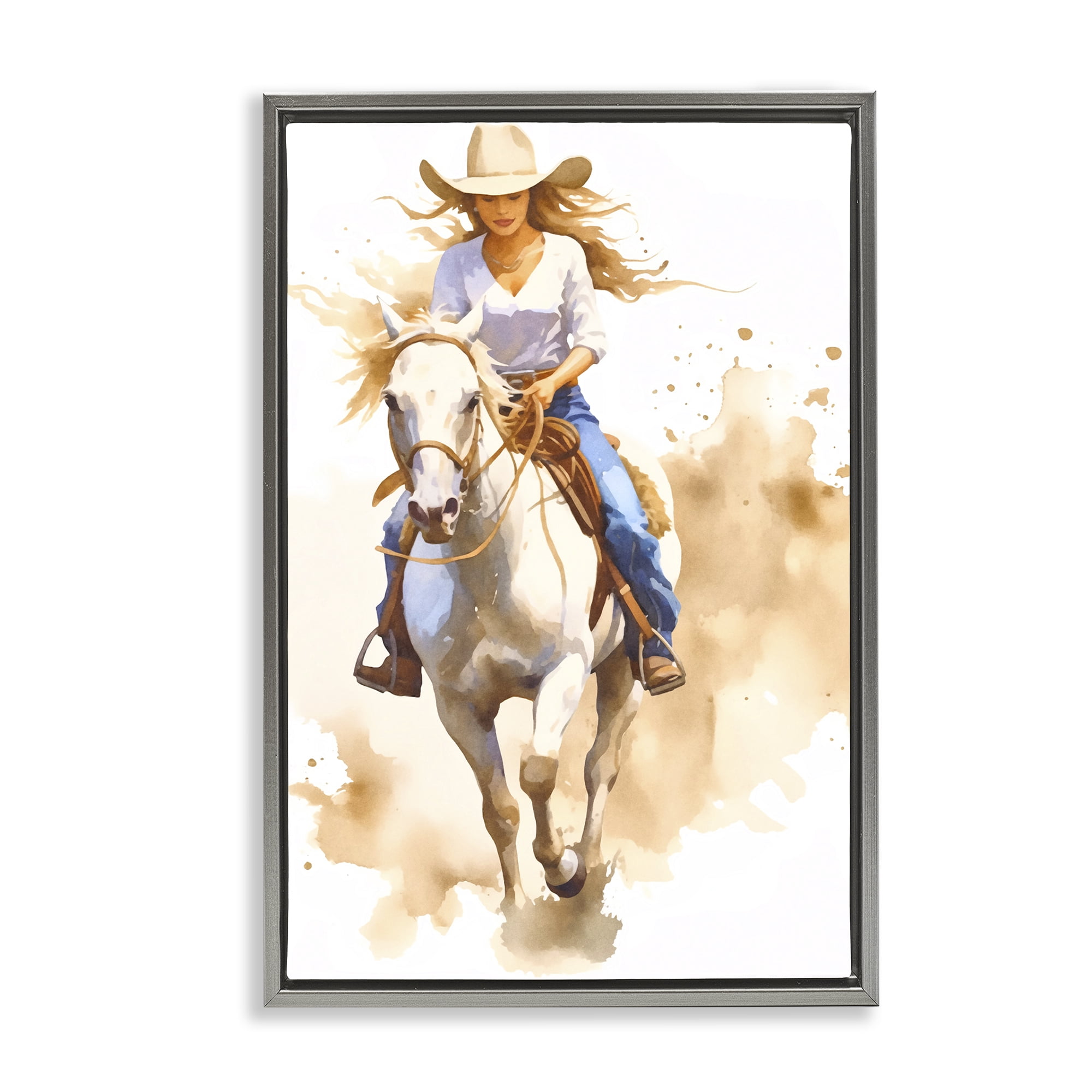 Stupell Industries Cowgirl Jockey Charm People Painting Gray Floater Framed Canvas Art Print Wall Art, 17 x 25