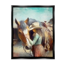 Stupell Industries Cowgirl Petting Horse Animals & Insects Painting Black Floater Framed Canvas Art Print Wall Art, 17 x 21