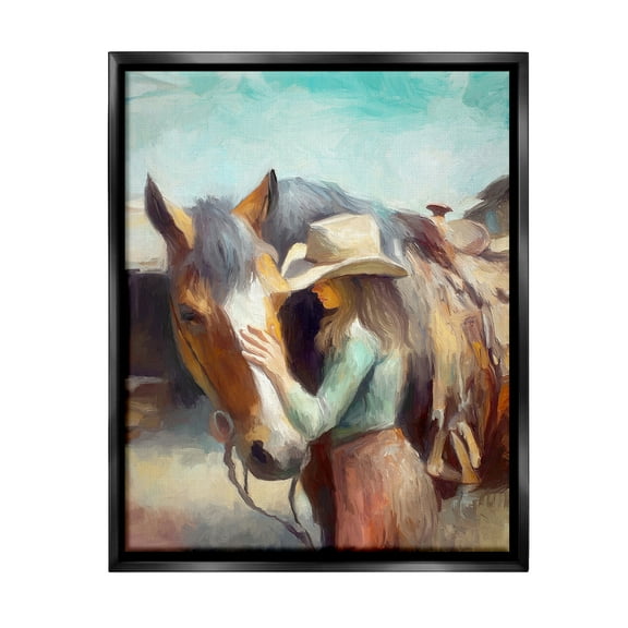 Stupell Industries Cowgirl Petting Horse Animals & Insects Painting Black Floater Framed Canvas Art Print Wall Art, 17 x 21