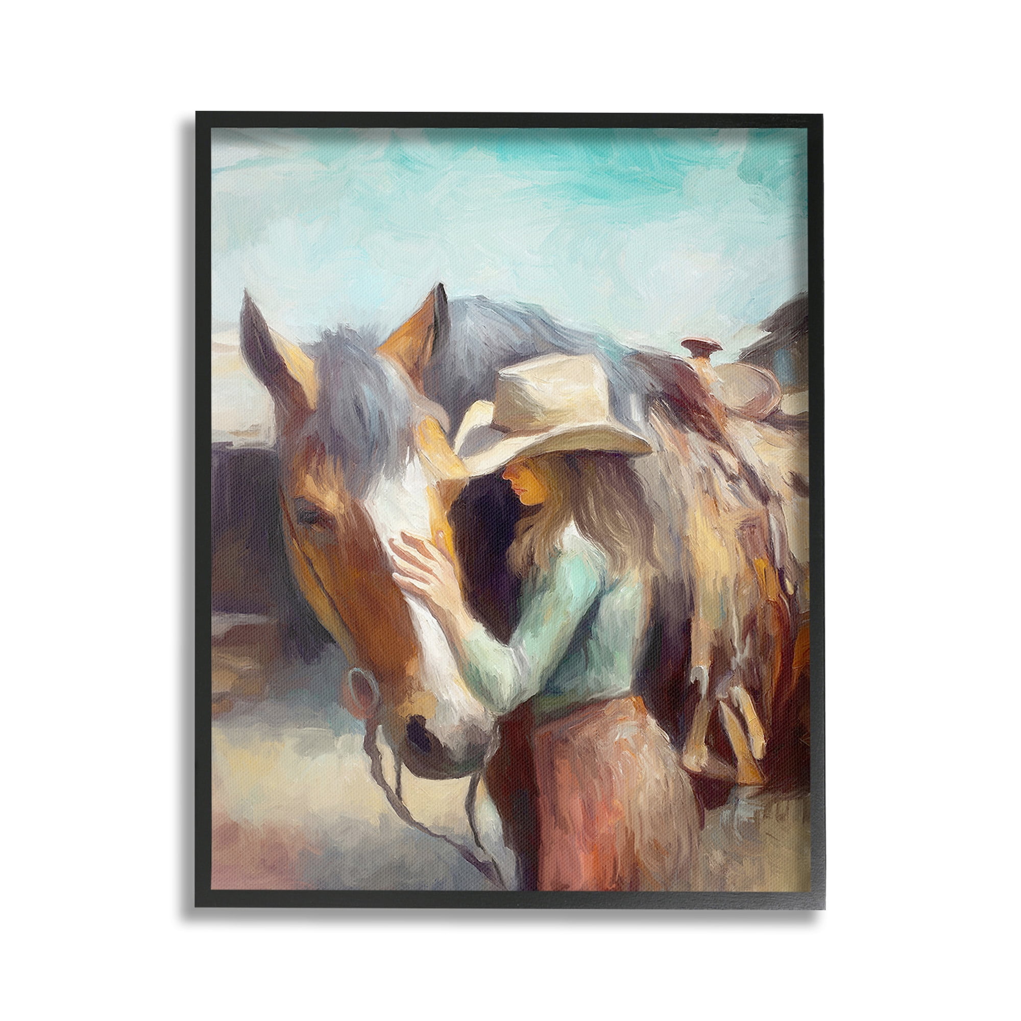 Stupell Industries Cowgirl Petting Horse Animals & Insects Painting Black Framed Art Print Wall Art, 16 x 20