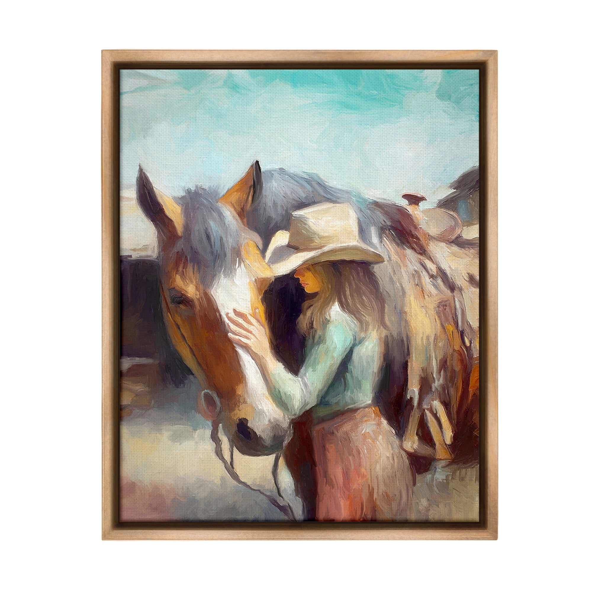Stupell Industries Cowgirl Petting Horse Animals & Insects Painting Brown Floater Framed Canvas Art Print Wall Art, 17 x 21
