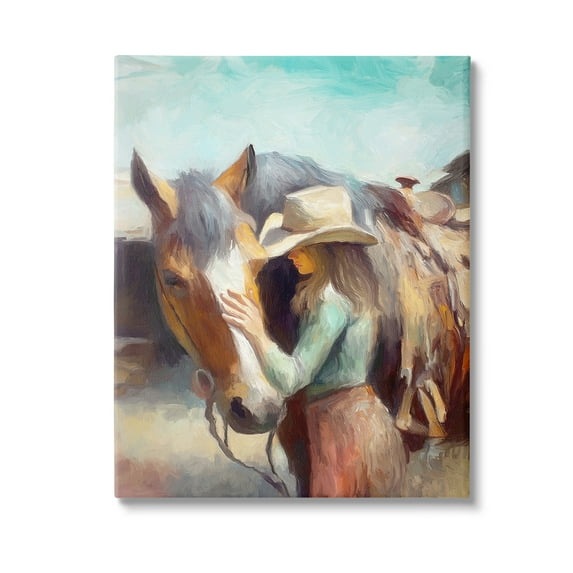 Stupell Industries Cowgirl Petting Horse Animals & Insects Painting Gallery Wrapped Canvas Art Print Wall Art, 16 x 20