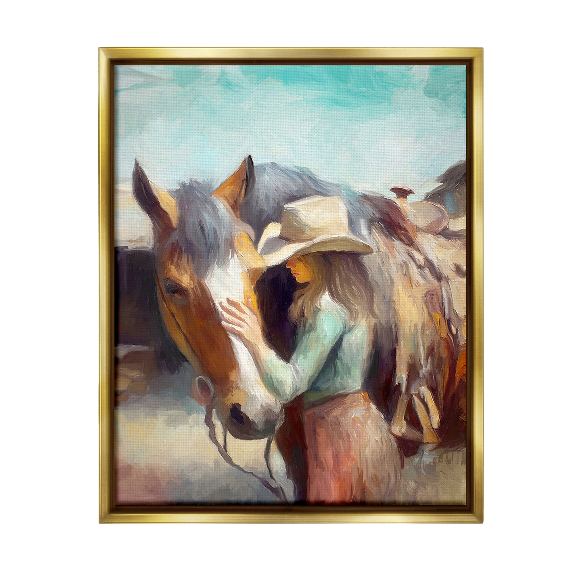 Stupell Industries Cowgirl Petting Horse Animals & Insects Painting Gold Floater Framed Canvas Art Print Wall Art, 25 x 31
