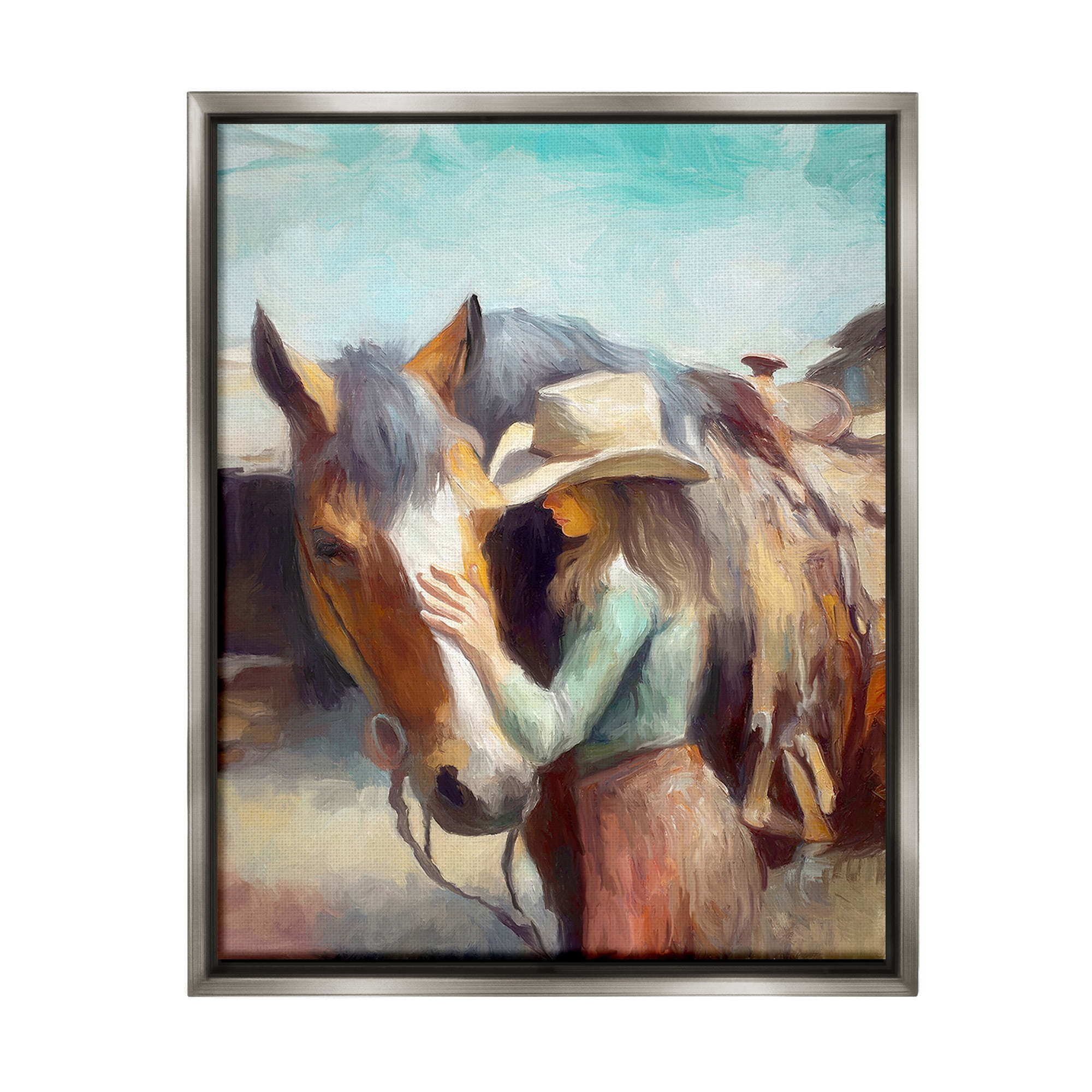 Stupell Industries Cowgirl Petting Horse Animals & Insects Painting Gray Floater Framed Canvas Art Print Wall Art, 17 x 21