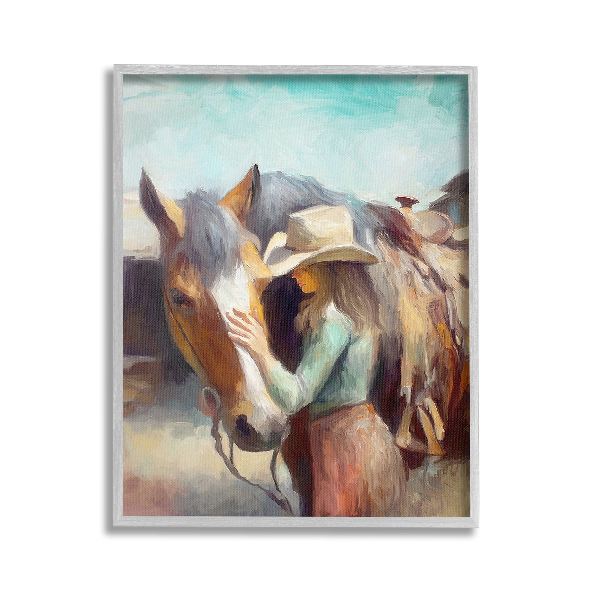 Stupell Industries Cowgirl Petting Horse Animals & Insects Painting Gray Framed Art Print Wall Art, 24 x 30