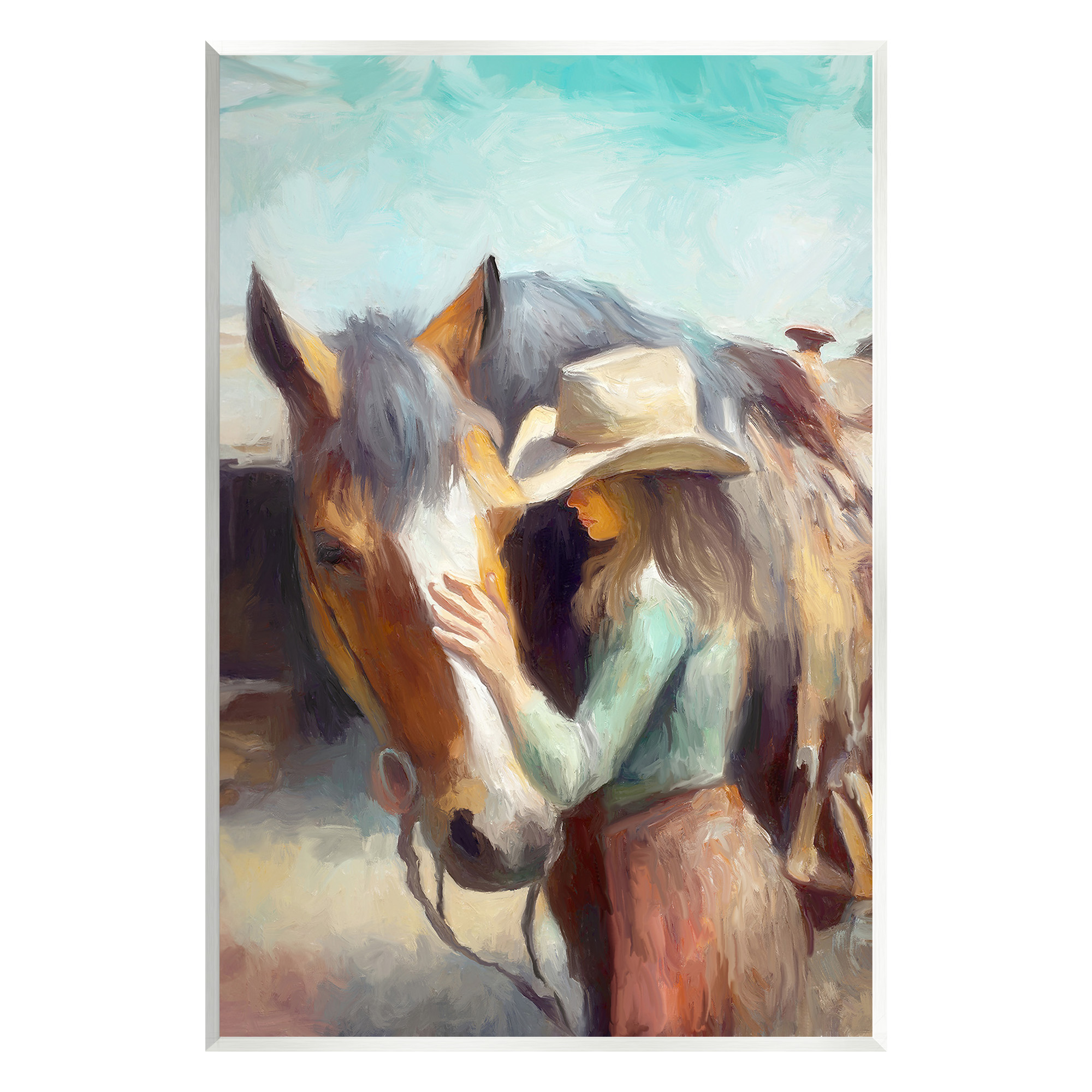 Stupell Industries Cowgirl Petting Horse Animals & Insects Painting Unframed Art Print Wall Art, 13 x 19