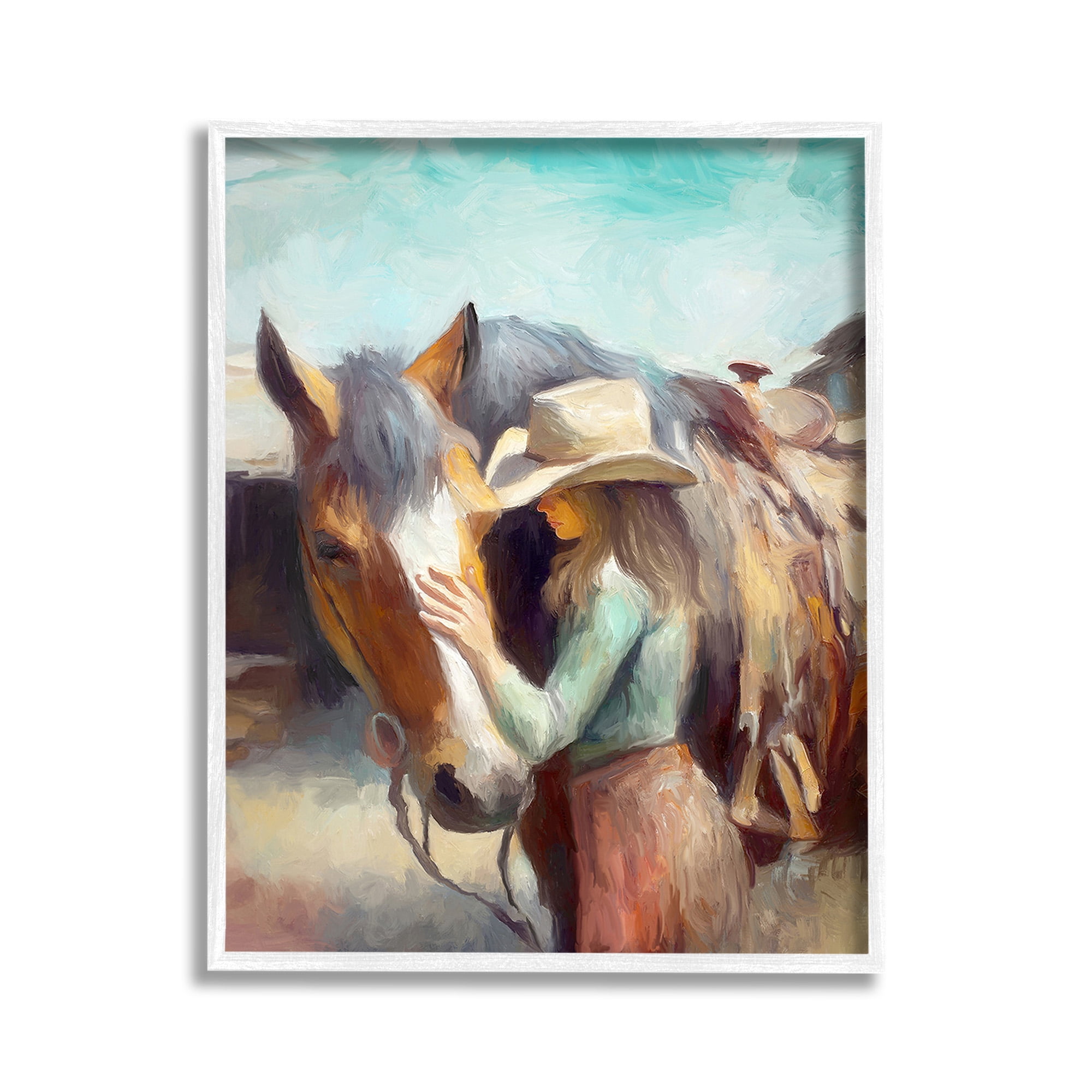 Stupell Industries Cowgirl Petting Horse Animals & Insects Painting White Framed Art Print Wall Art, 11 x 14