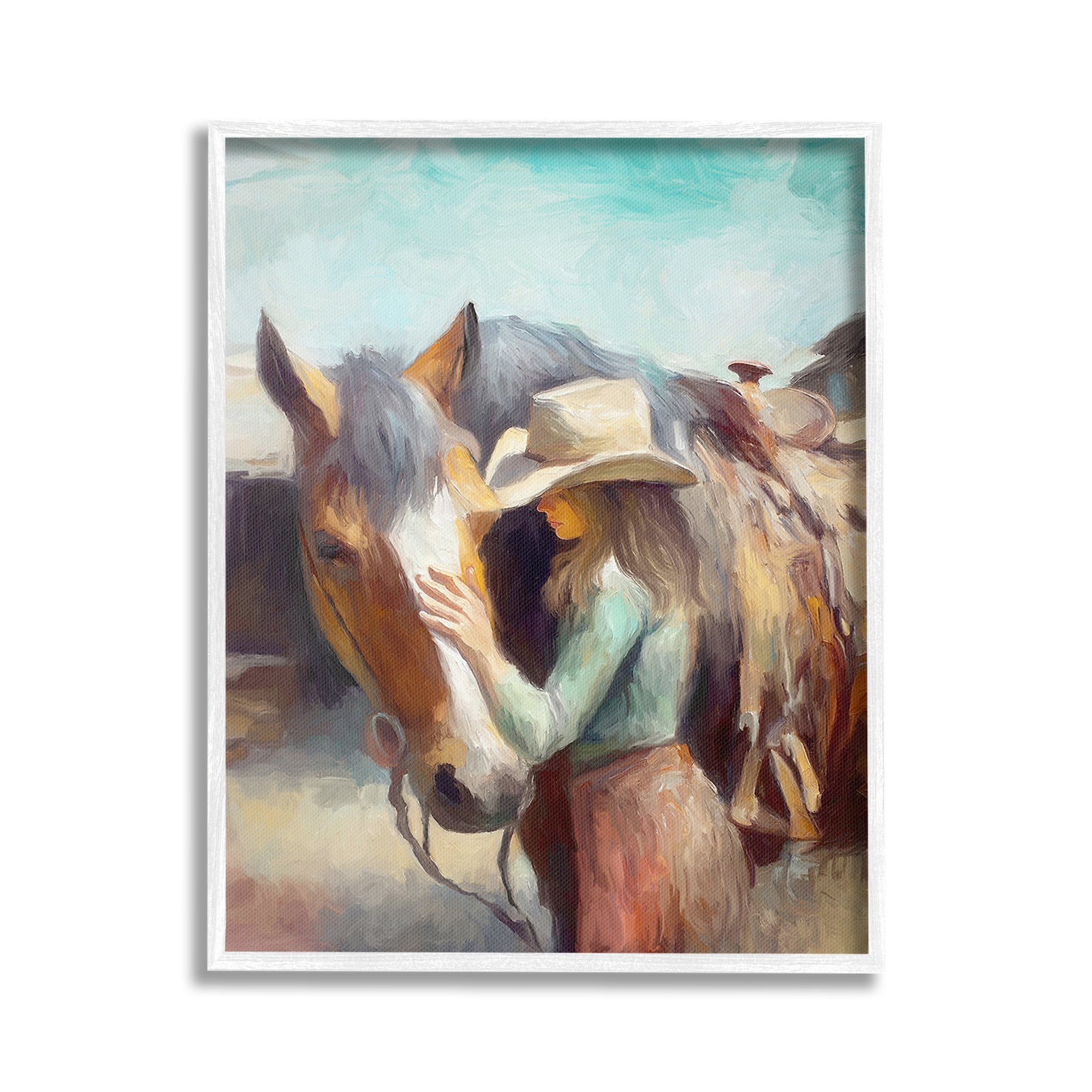 Stupell Industries Cowgirl Petting Horse Animals & Insects Painting White Framed Art Print Wall Art, 16 x 20
