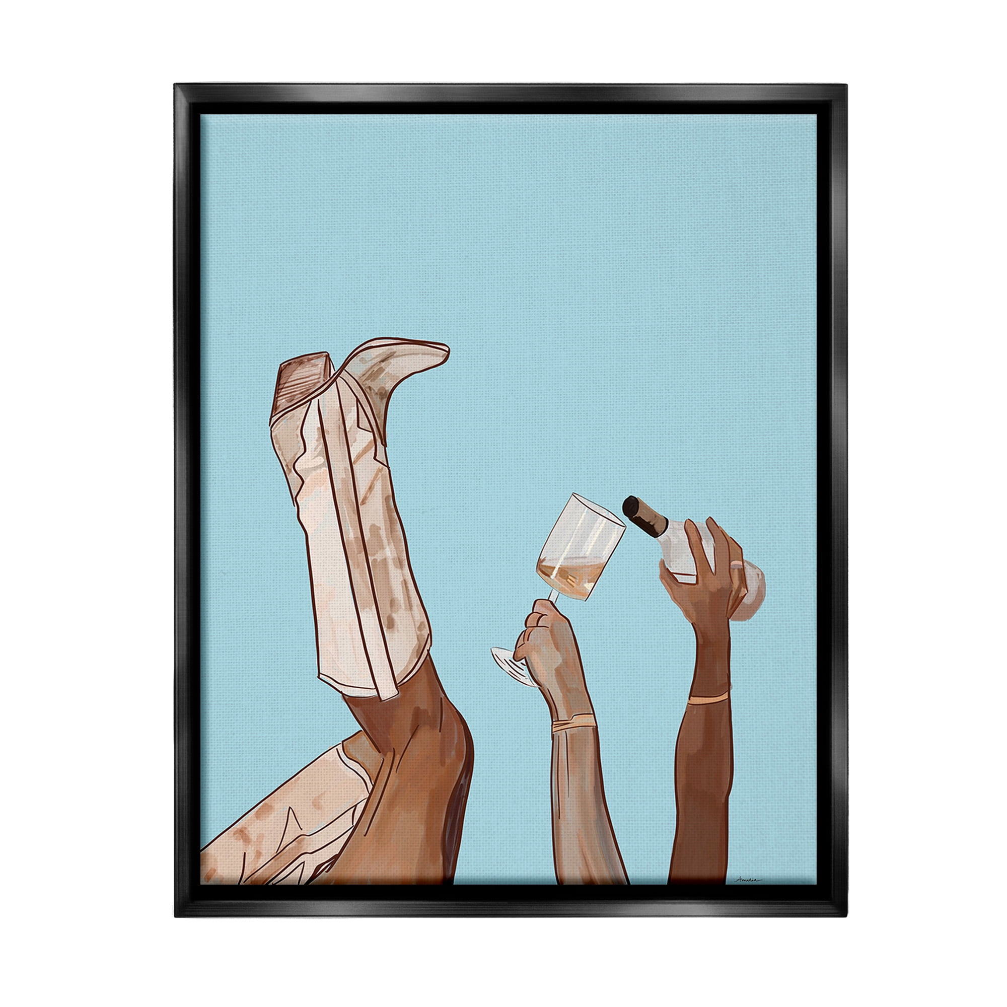Stupell Industries Cowgirl Pouring Wine Food & Beverage Painting Black Floater Framed Canvas Art Print Wall Art, 17 x 21