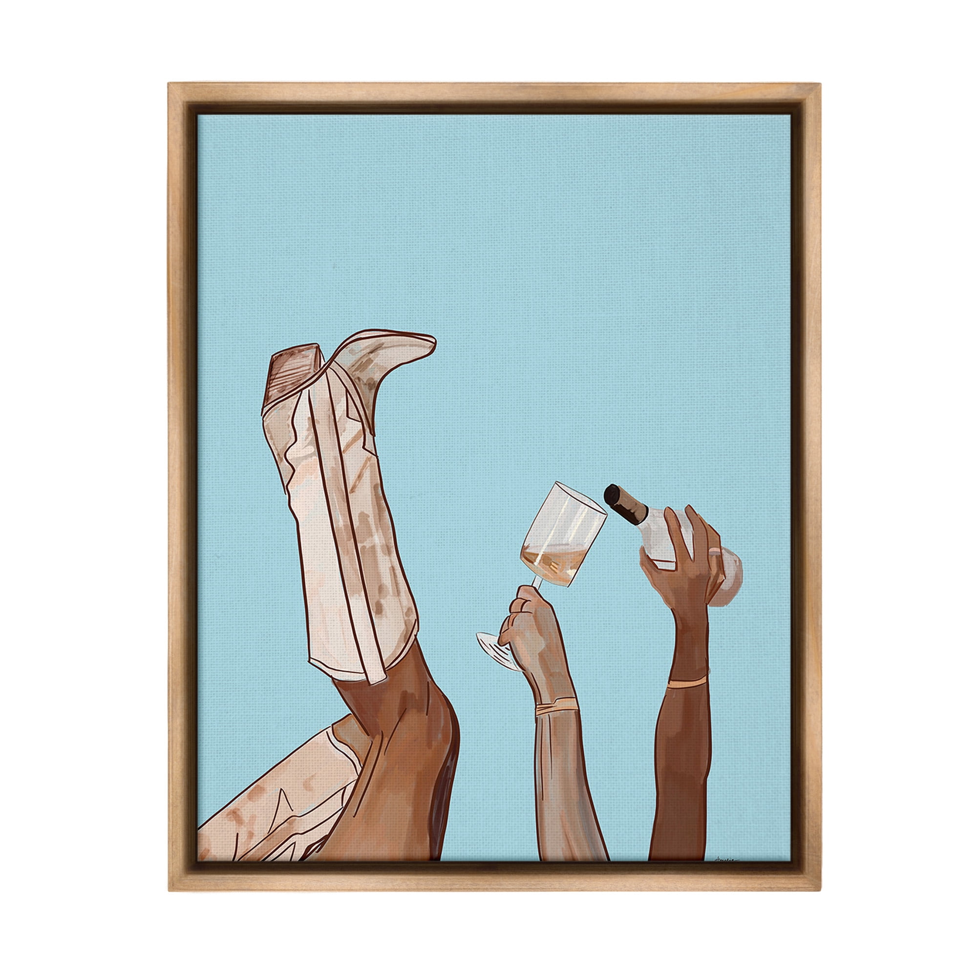Stupell Industries Cowgirl Pouring Wine Food & Beverage Painting Brown Floater Framed Canvas Art Print Wall Art, 17 x 21