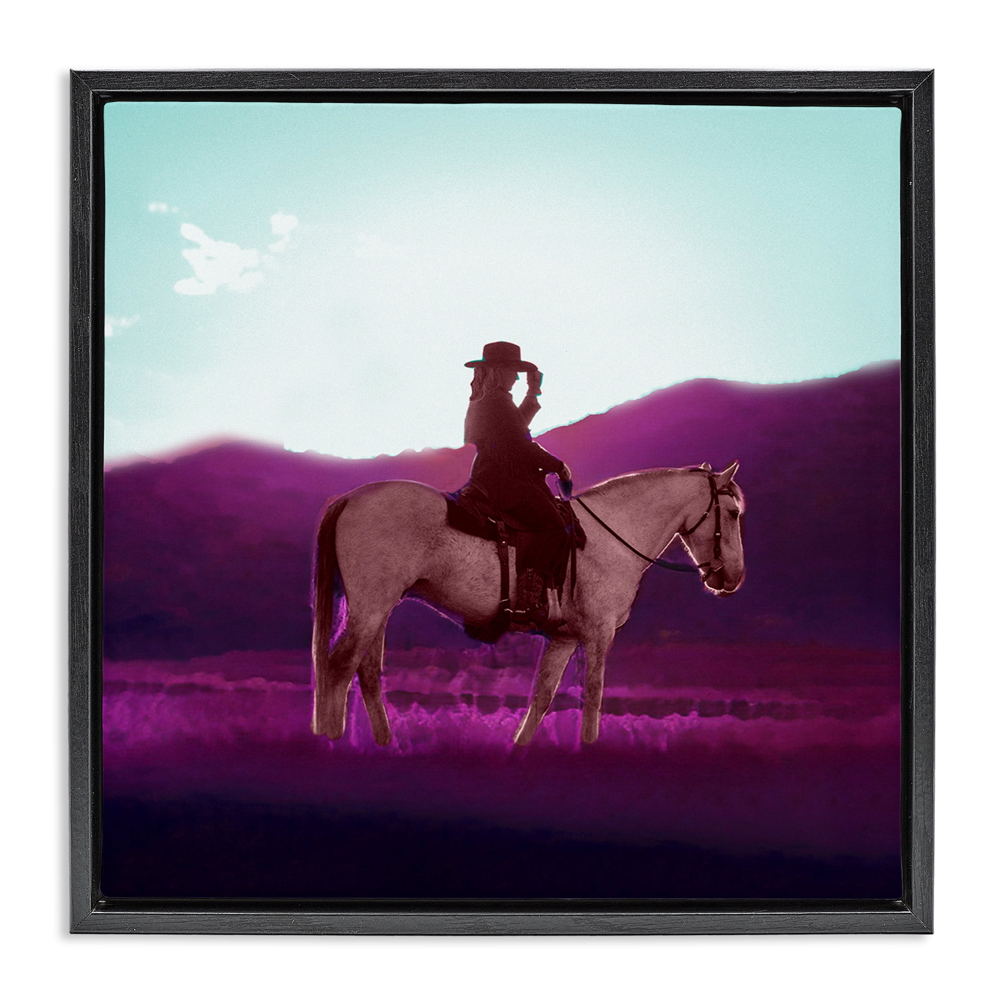 Stupell Industries Cowgirl & Purple Mountains Animals & Insects Painting Black Floater Framed Canvas Art Print Wall Art, 18 x 18