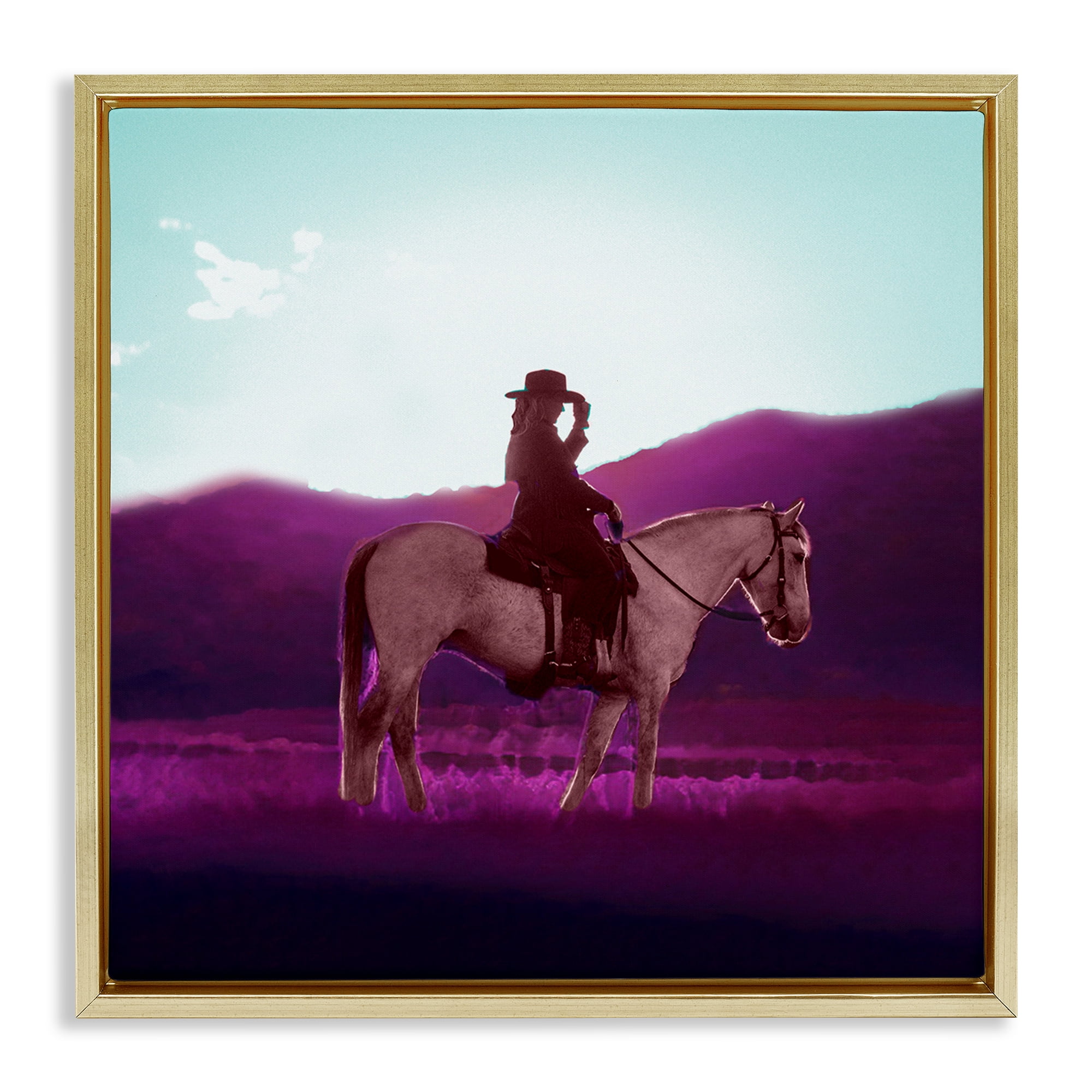 Stupell Industries Cowgirl & Purple Mountains Animals & Insects Painting Gold Floater Framed Canvas Art Print Wall Art, 25 x 25
