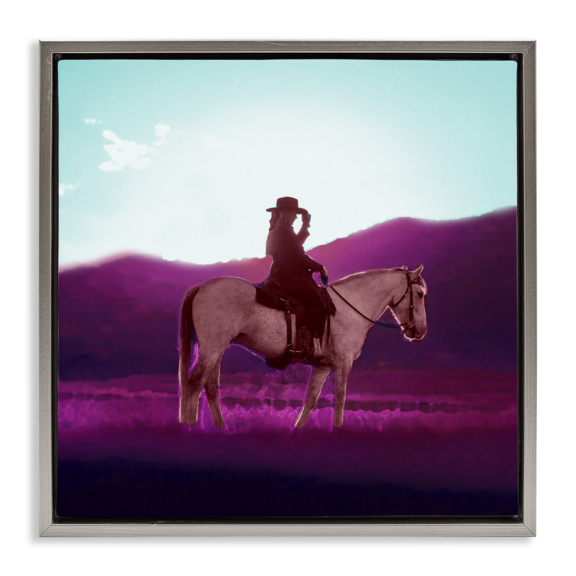 Stupell Industries Cowgirl & Purple Mountains Animals & Insects Painting Gray Floater Framed Canvas Art Print Wall Art, 18 x 18