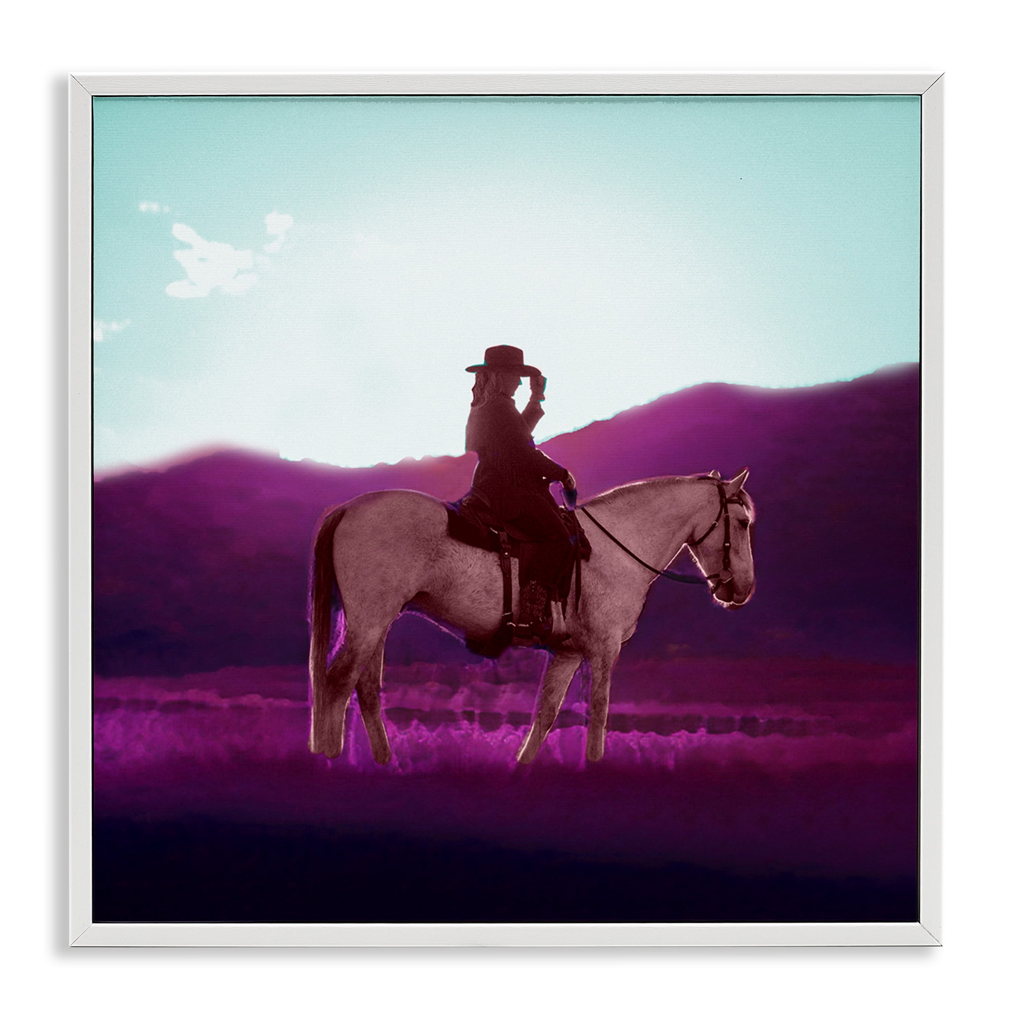Stupell Industries Cowgirl & Purple Mountains Animals & Insects Painting White Framed Art Print Wall Art, 24 x 24