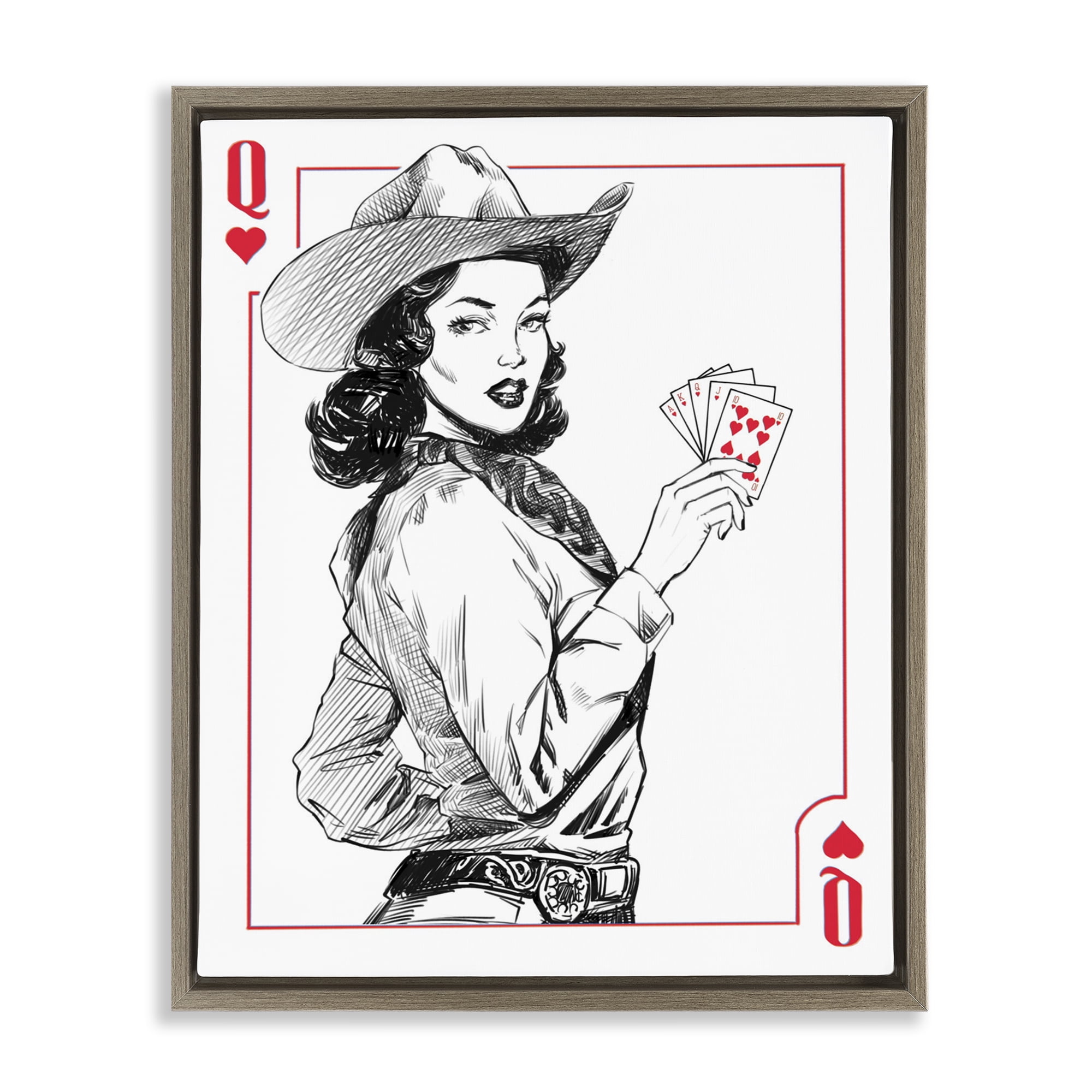 Stupell Industries Cowgirl Queen of Hearts Brown Framed Floater Canvas Wall Art, design by Ziwei Li