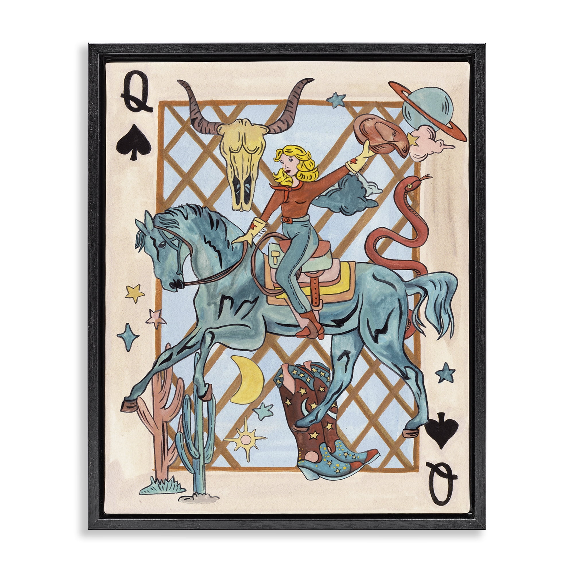 Stupell Industries Cowgirl Queen of Hearts Entertainment Painting Black Floater Framed Canvas Art Print Wall Art, 25 x 31