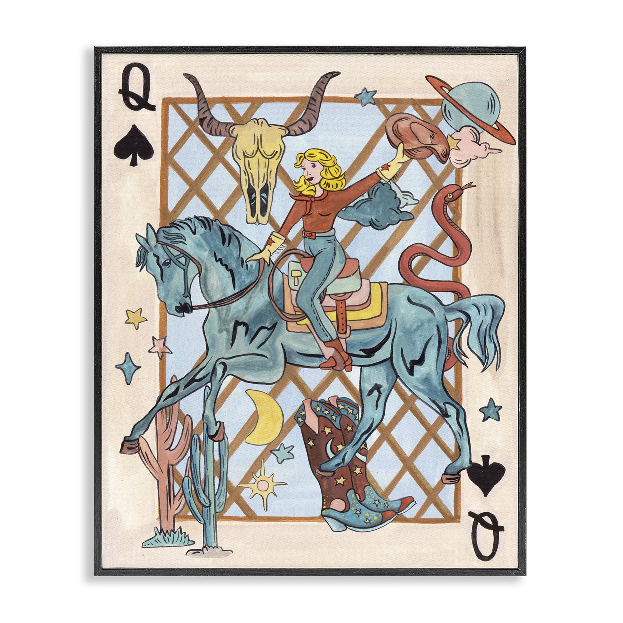 Stupell Industries Cowgirl Queen of Hearts Entertainment Painting Black Framed Art Print Wall Art, 16 x 20