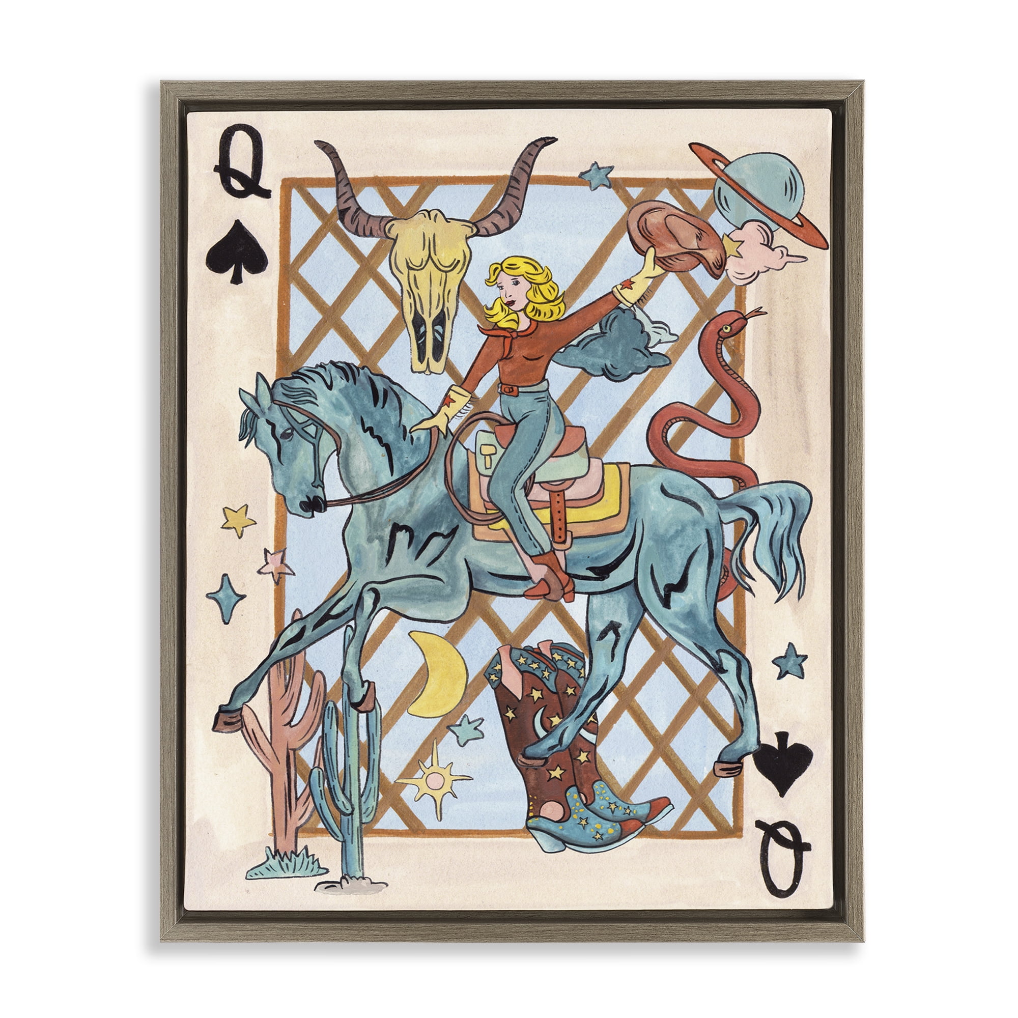 Stupell Industries Cowgirl Queen of Hearts Entertainment Painting Brown Floater Framed Canvas Art Print Wall Art, 25 x 31