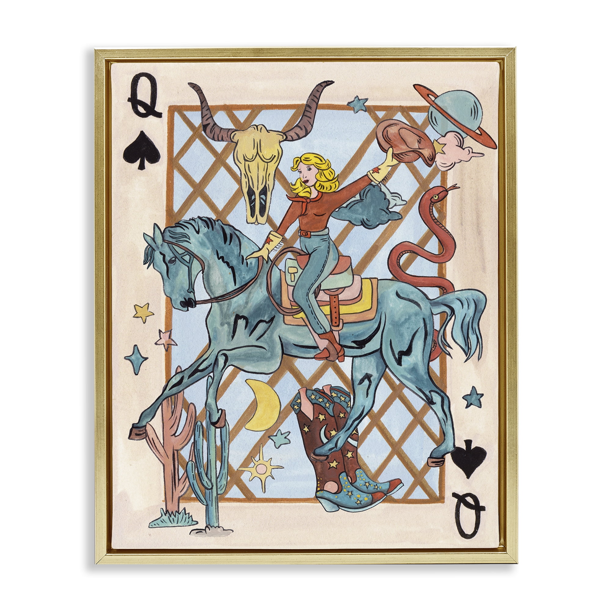 Stupell Industries Cowgirl Queen of Hearts Entertainment Painting Gold Floater Framed Canvas Art Print Wall Art, 17 x 21