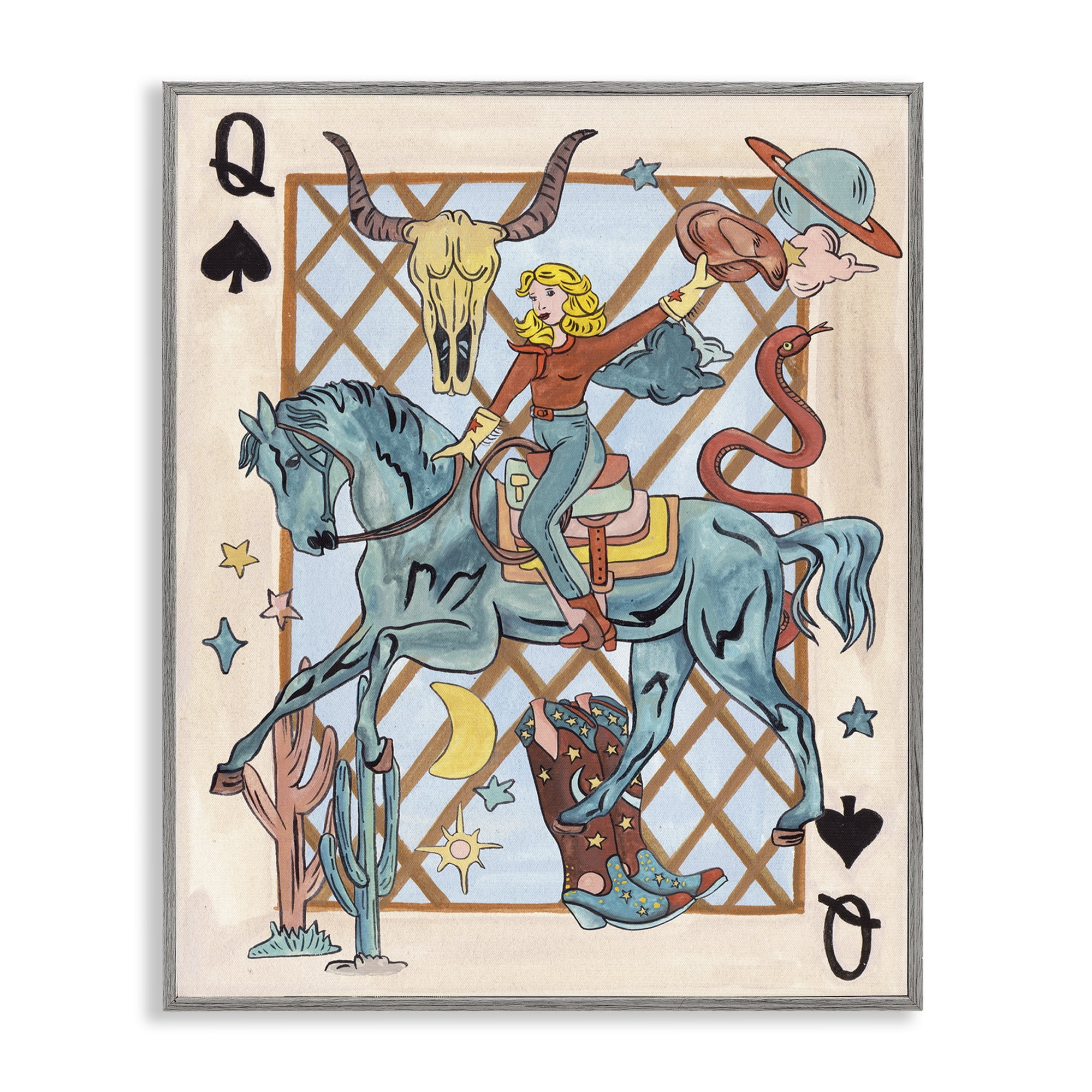 Stupell Industries Cowgirl Queen of Hearts Entertainment Painting Gray Framed Art Print Wall Art, 24 x 30