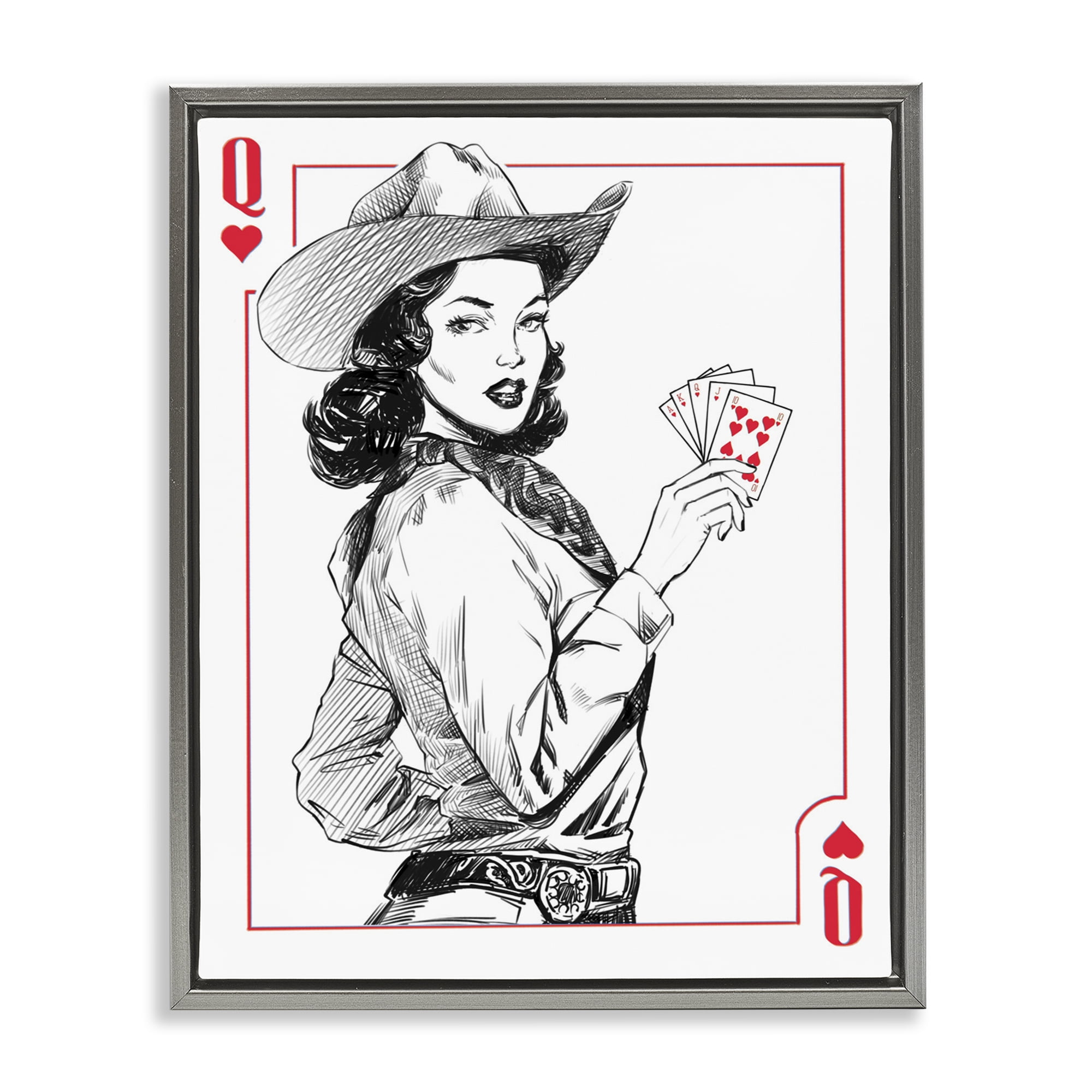 Stupell Industries Cowgirl Queen of Hearts Gray Framed Floater Canvas Wall Art, design by Ziwei Li
